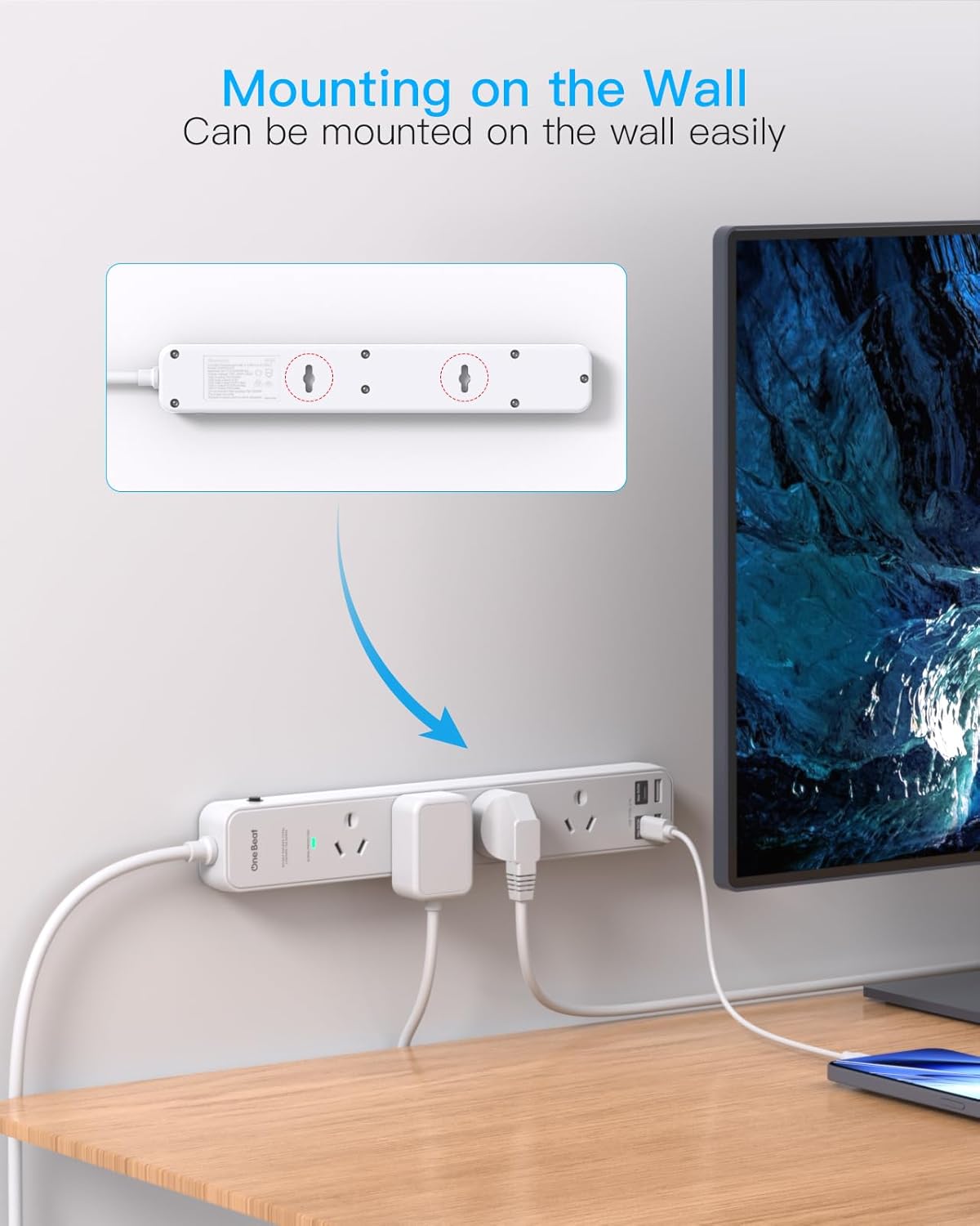 One Beat Power Strip with 4 Outlets and USB Ports, Surge Protected White NEW