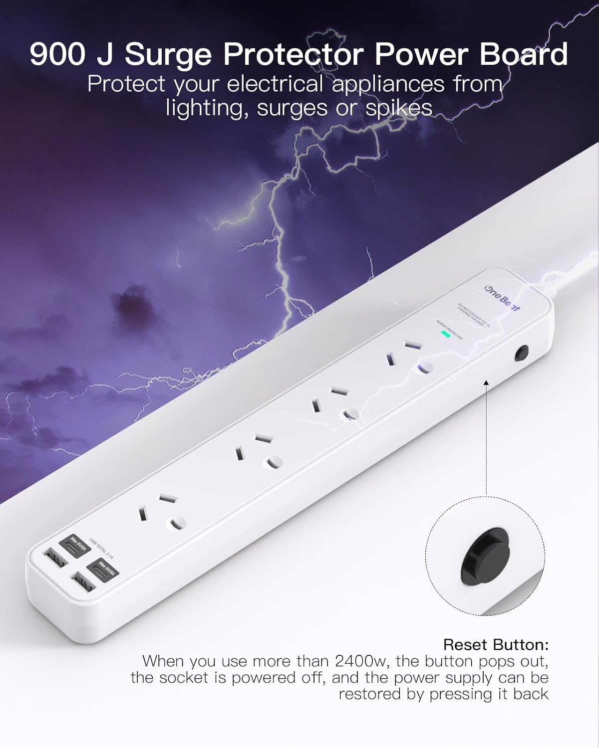 One Beat Power Strip with 4 Outlets and USB Ports, Surge Protected White NEW