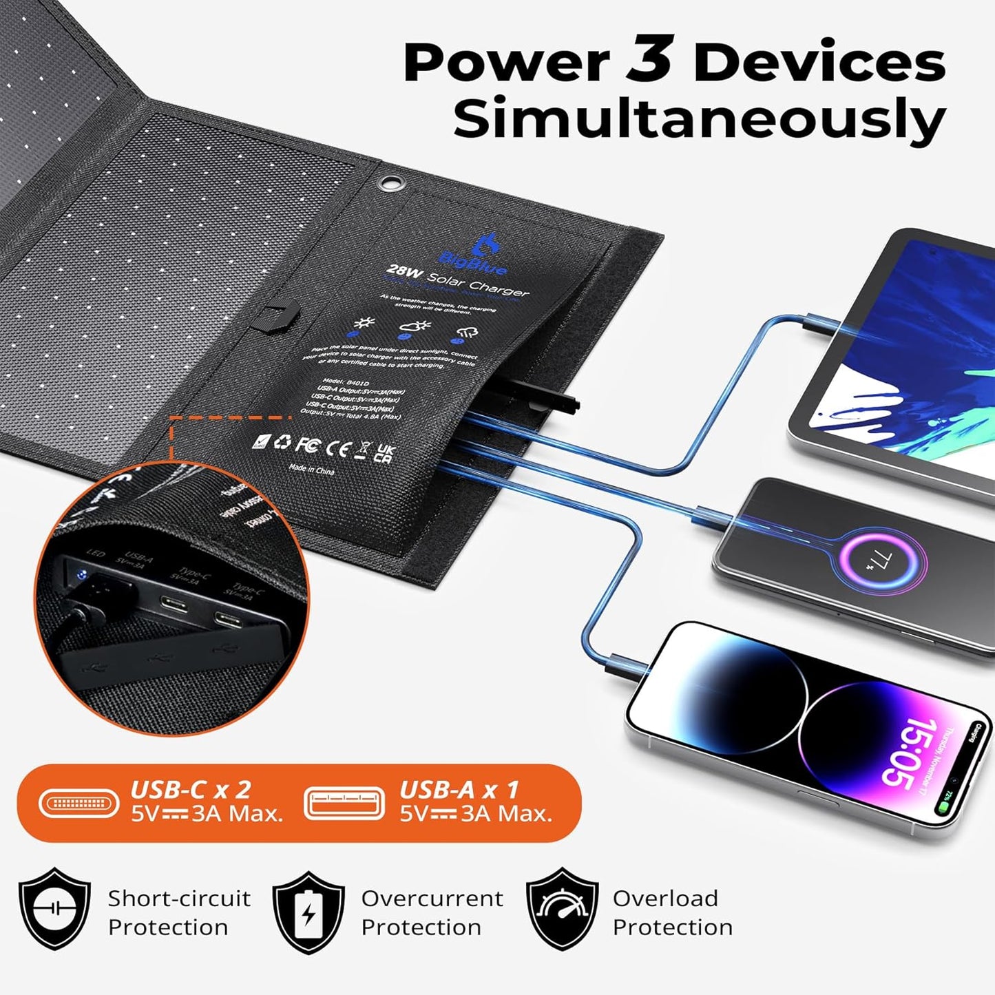 BigBlue 28W Solar Charger with 3 USB Ports for Outdoor Charging and DEMO