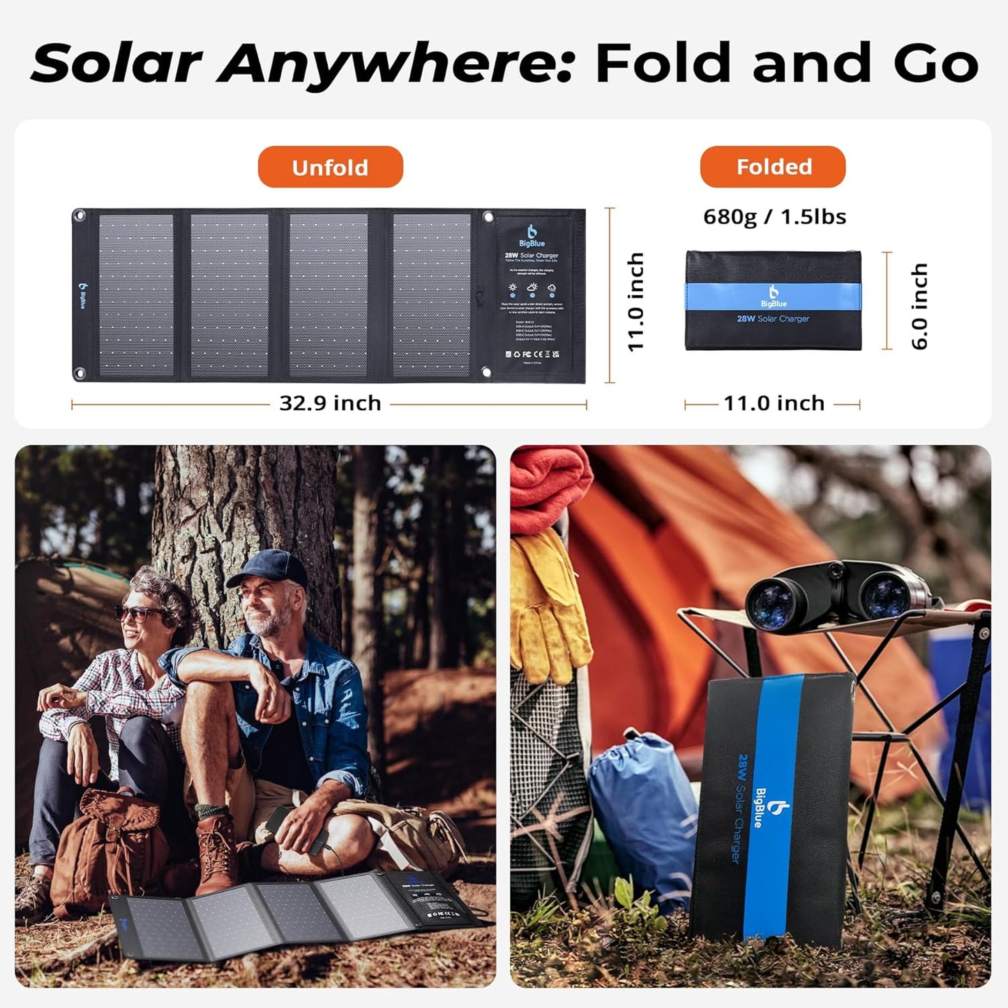 BigBlue 28W Solar Charger with 3 USB Ports for Outdoor Charging and DEMO