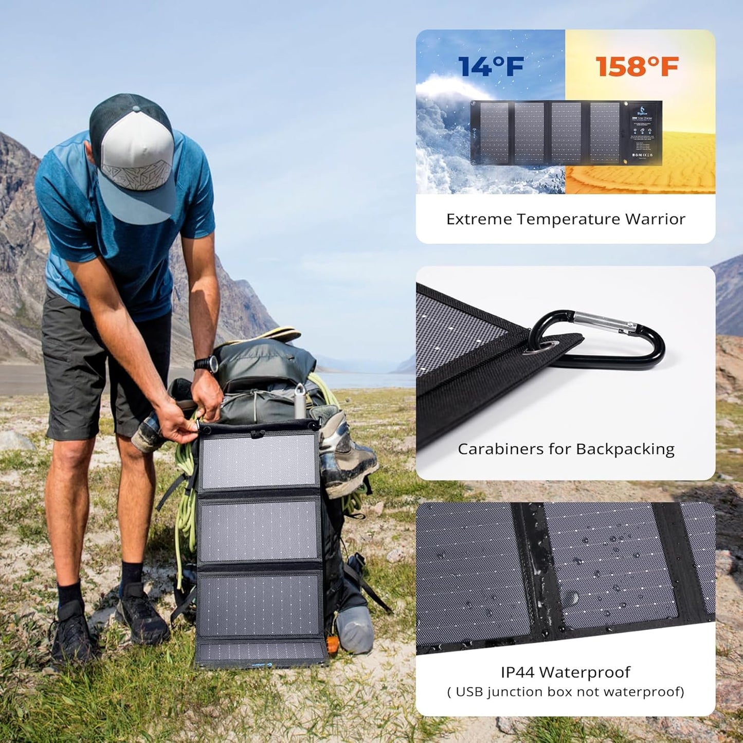 BigBlue 28W Solar Charger with 3 USB Ports for Outdoor Charging and DEMO