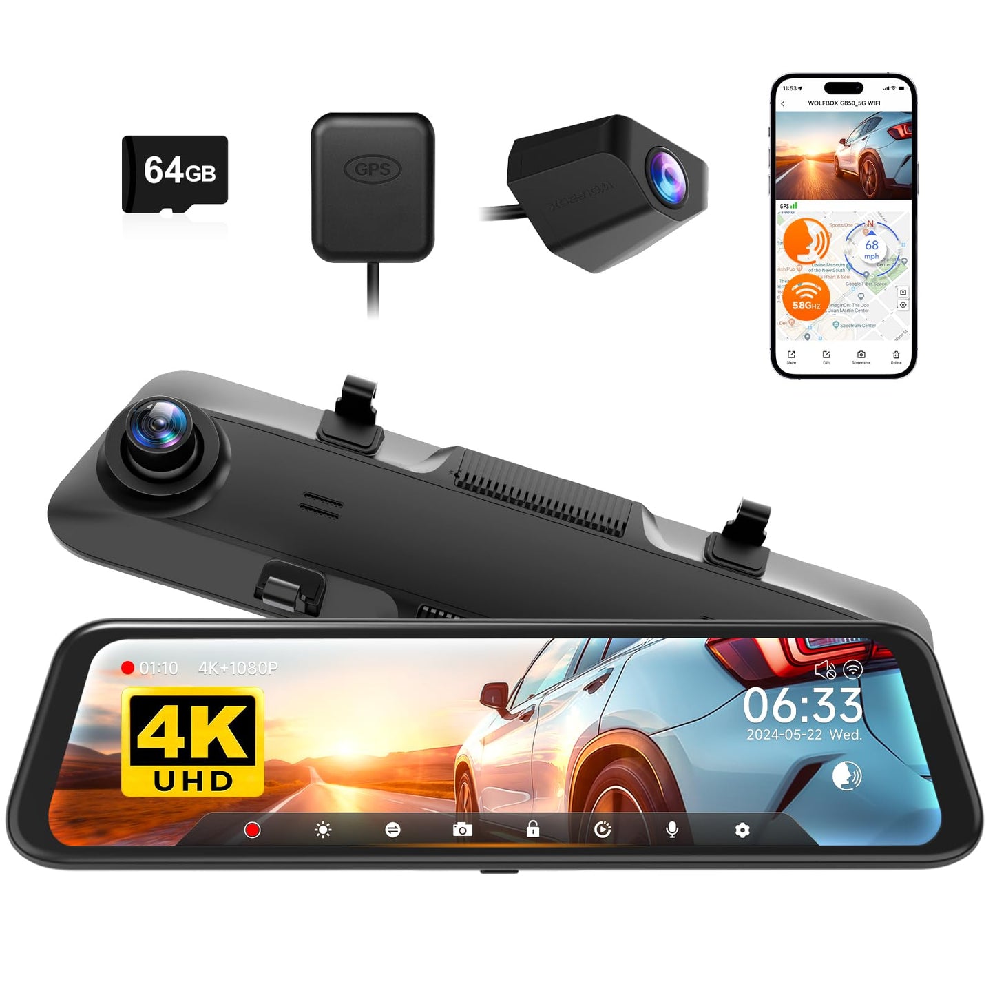 WOLFBOX 12" 4K On-Dash-Monitoring Rear View Mirror Dash Cam with Front DEMO