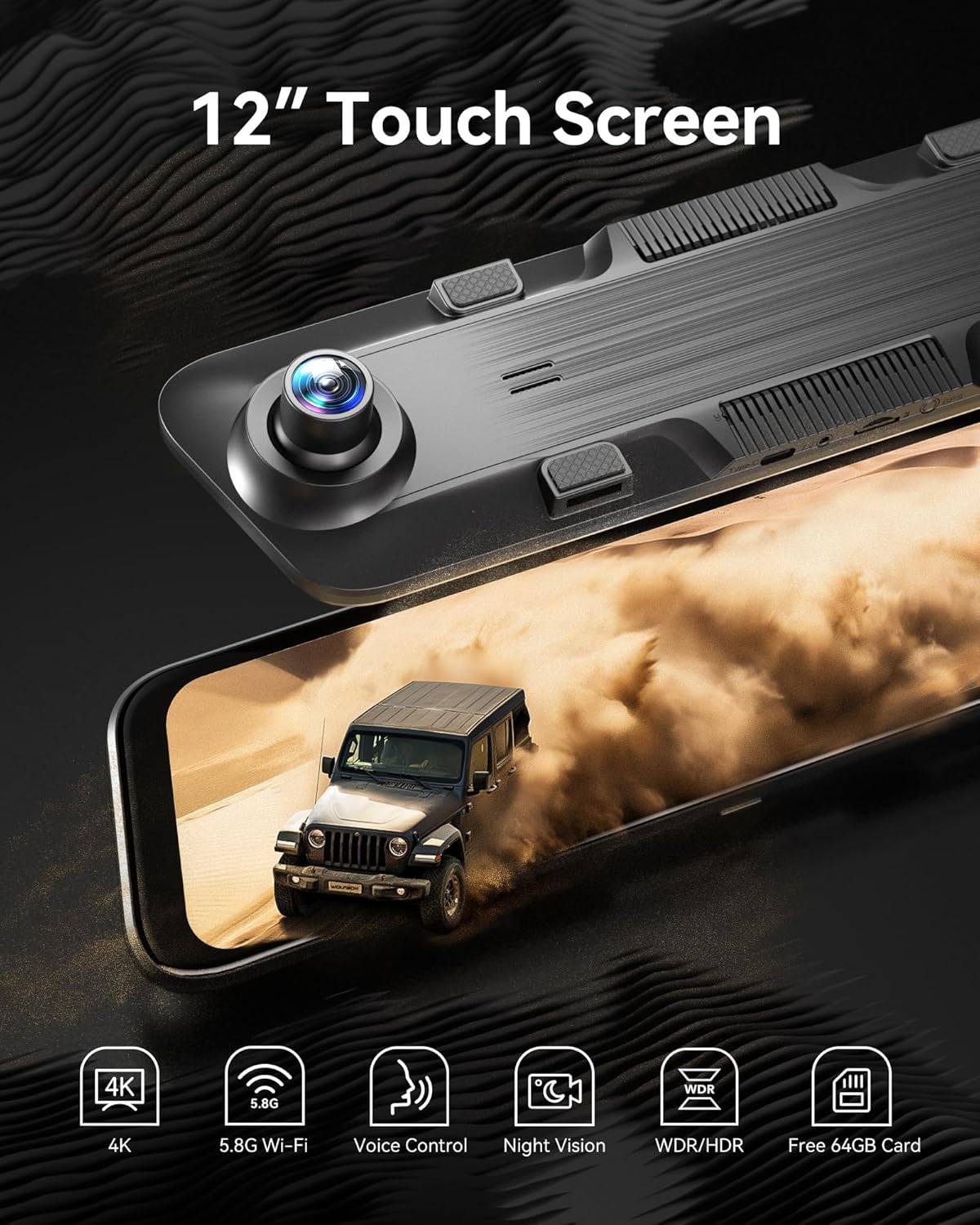 WOLFBOX 12" 4K On-Dash-Monitoring Rear View Mirror Dash Cam with Front DEMO
