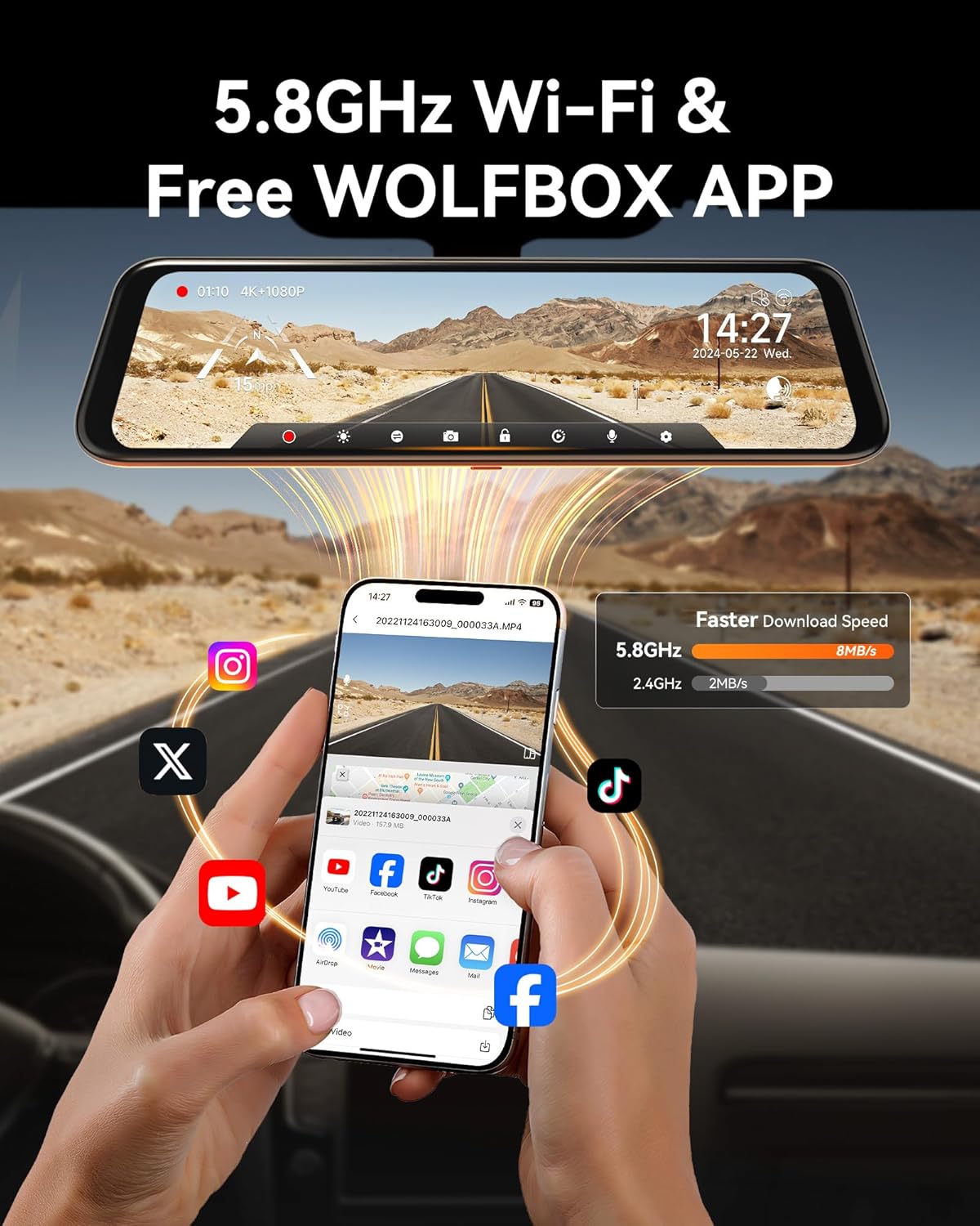 WOLFBOX 12" 4K On-Dash-Monitoring Rear View Mirror Dash Cam with Front DEMO