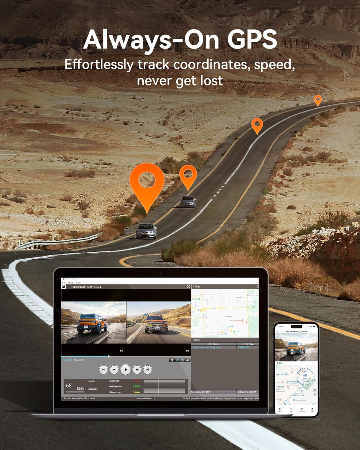 WOLFBOX 12" 4K On-Dash-Monitoring Rear View Mirror Dash Cam with Front DEMO