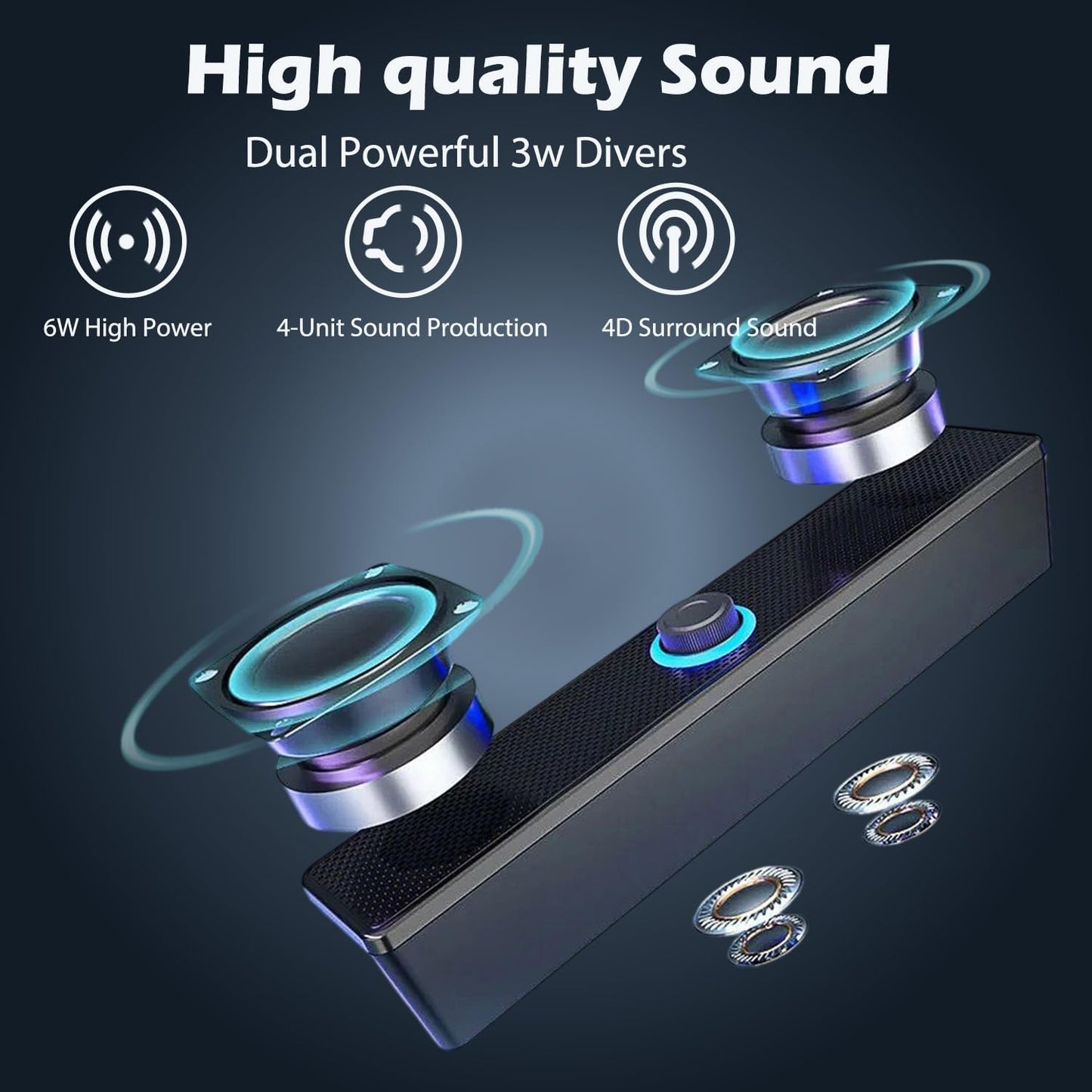 USB Computer PC Speakers Soundbar Speaker with LED Volume Control in Black DEMO
