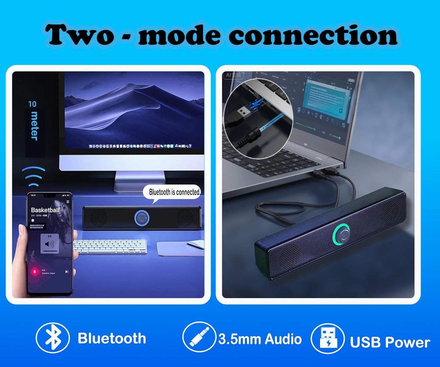 USB Computer PC Speakers Soundbar Speaker with LED Volume Control in Black DEMO