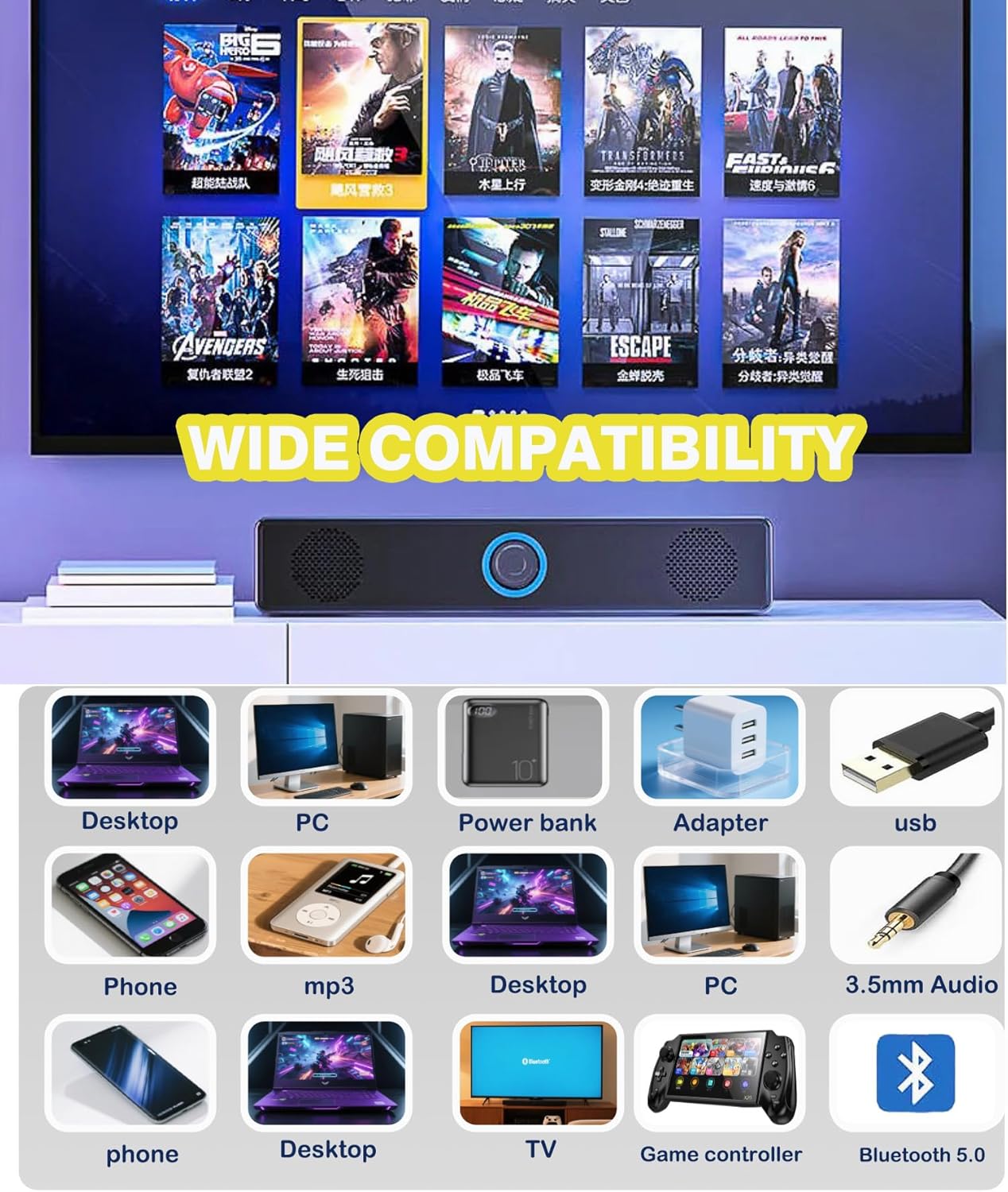 USB Computer PC Speakers Soundbar Speaker with LED Volume Control in Black DEMO