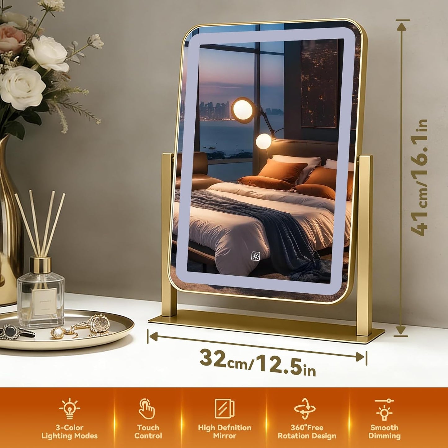 Luxury Gold LED Vanity Makeup Mirror with 10X Magnification, 10.6" x 14.5 DEMO