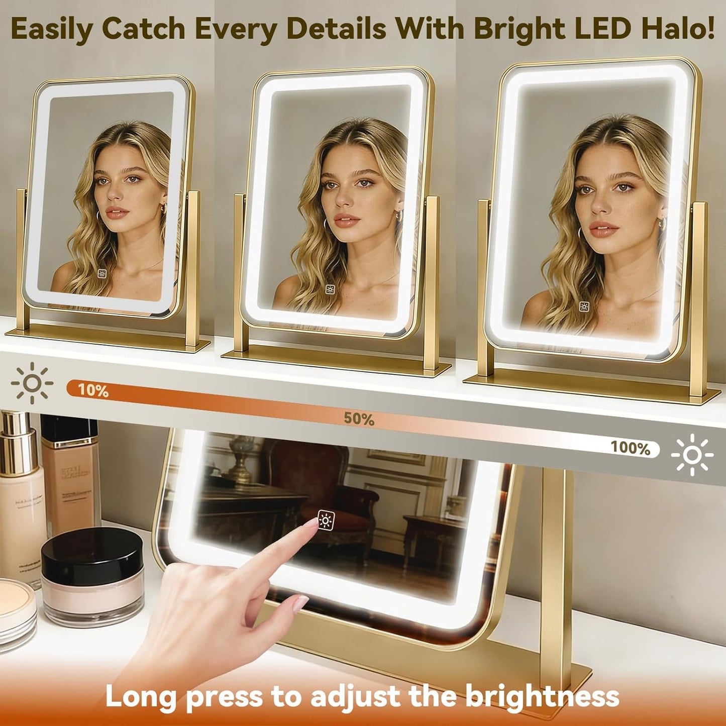 Luxury Gold LED Vanity Makeup Mirror with 10X Magnification, 10.6" x 14.5 DEMO