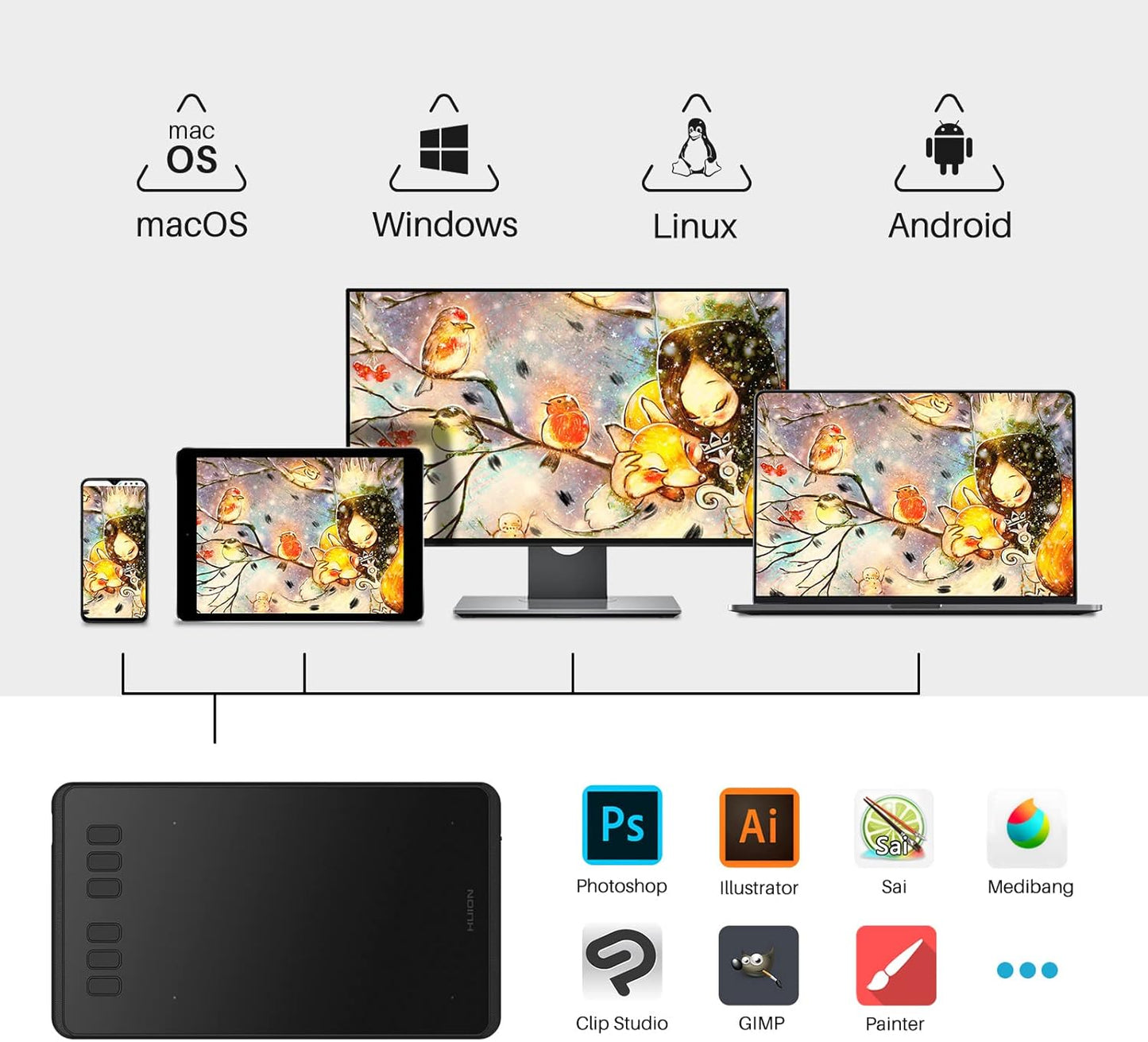 HUION Inspiroy 6x4" Graphic Drawing Tablet, Black Portable Digital Tablet NEW