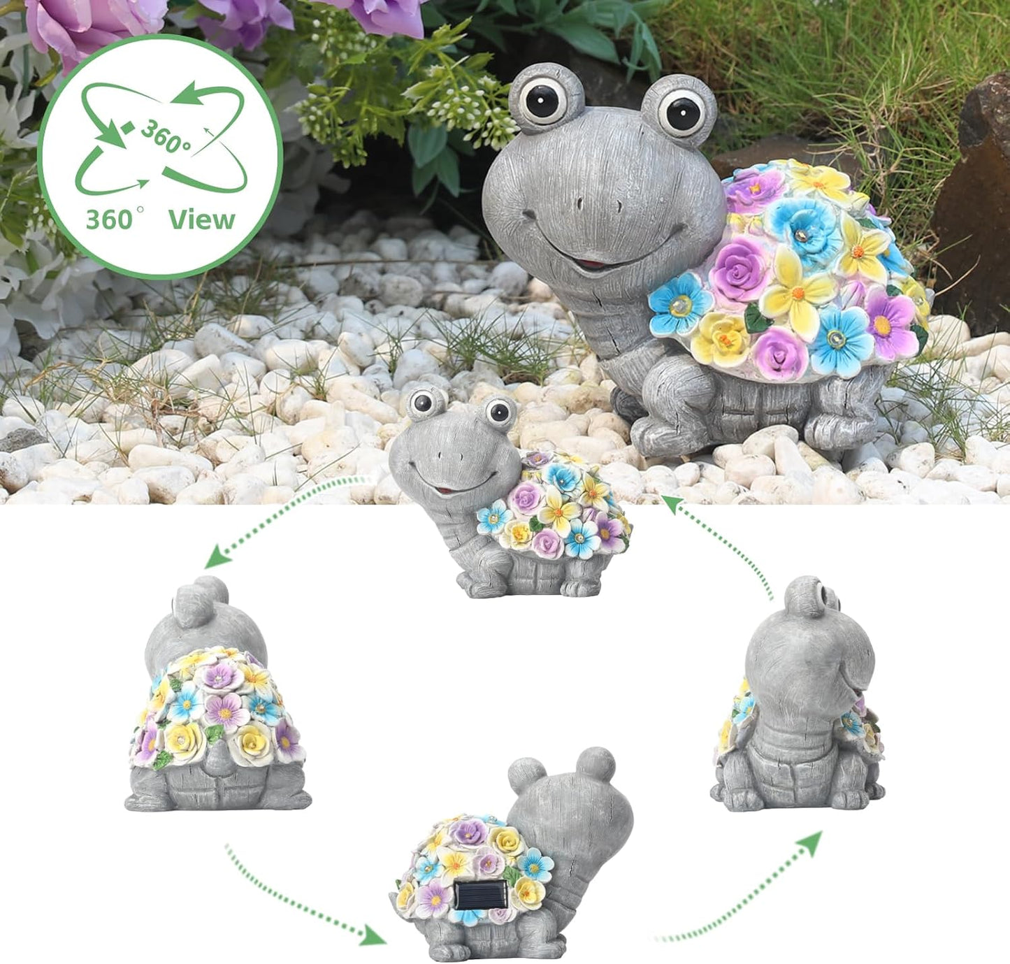 Outdoor Solar Powered Resin Tortoise Statue for Garden Decor Grey Multi NEW