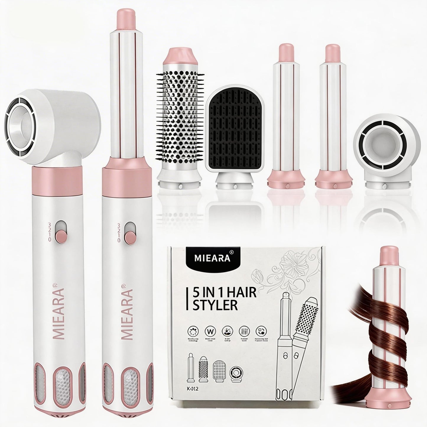 MIEARA 5-in-1 Ionic Hair Dryer Brush with Hot Air Curlers, Pink & White, DEMO