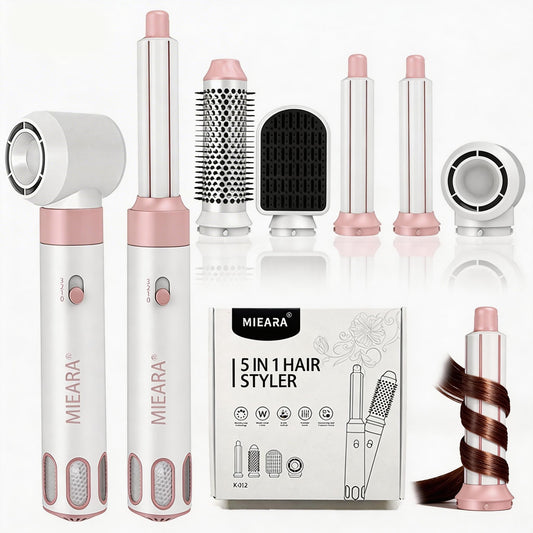 MIEARA 5-in-1 Ionic Hair Dryer Brush with Hot Air Curlers, Pink & White, DEMO