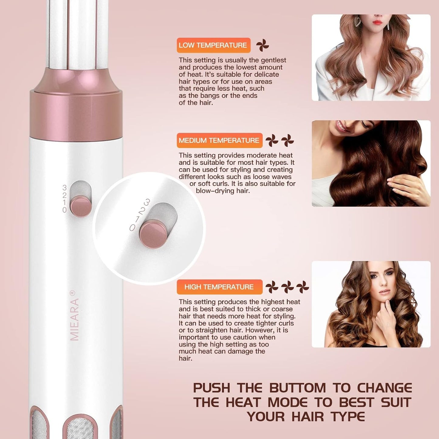 MIEARA 5-in-1 Ionic Hair Dryer Brush with Hot Air Curlers, Pink & White, DEMO