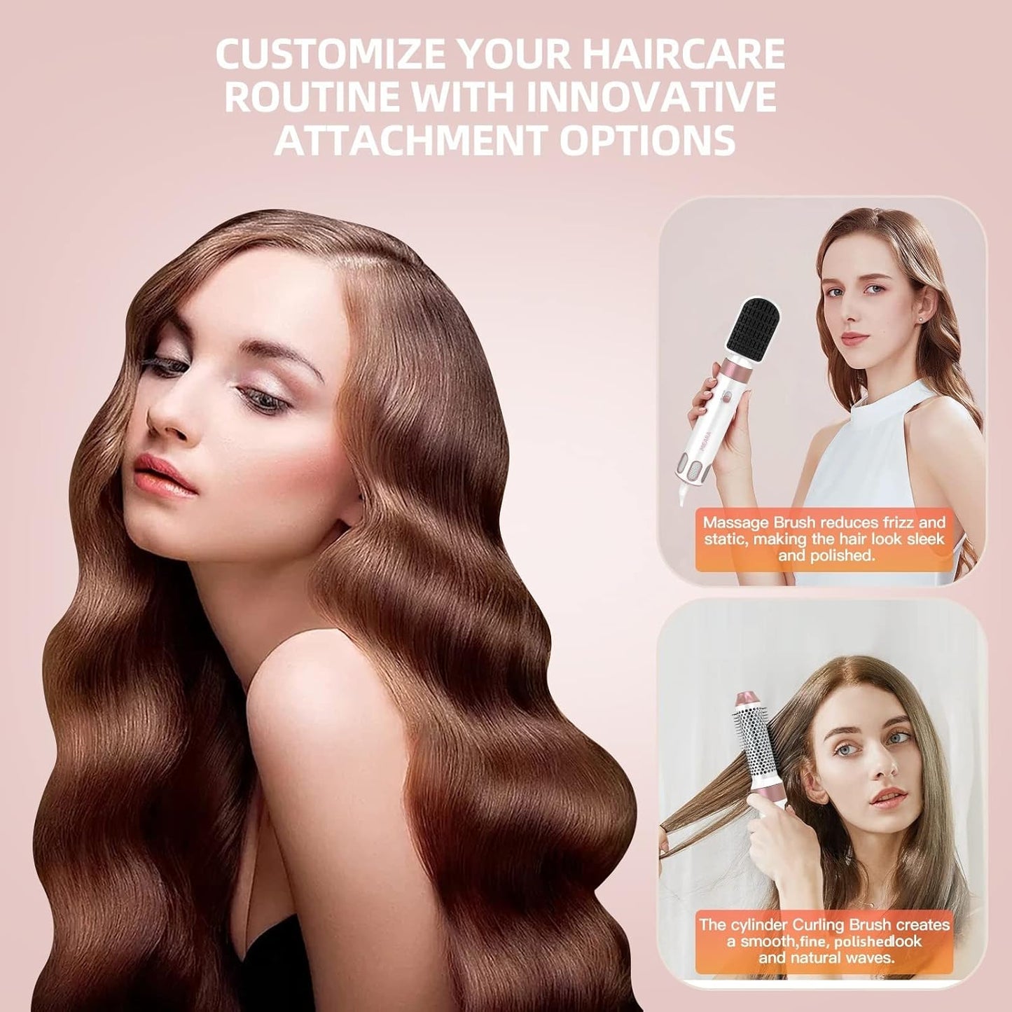 MIEARA 5-in-1 Ionic Hair Dryer Brush with Hot Air Curlers, Pink & White, DEMO