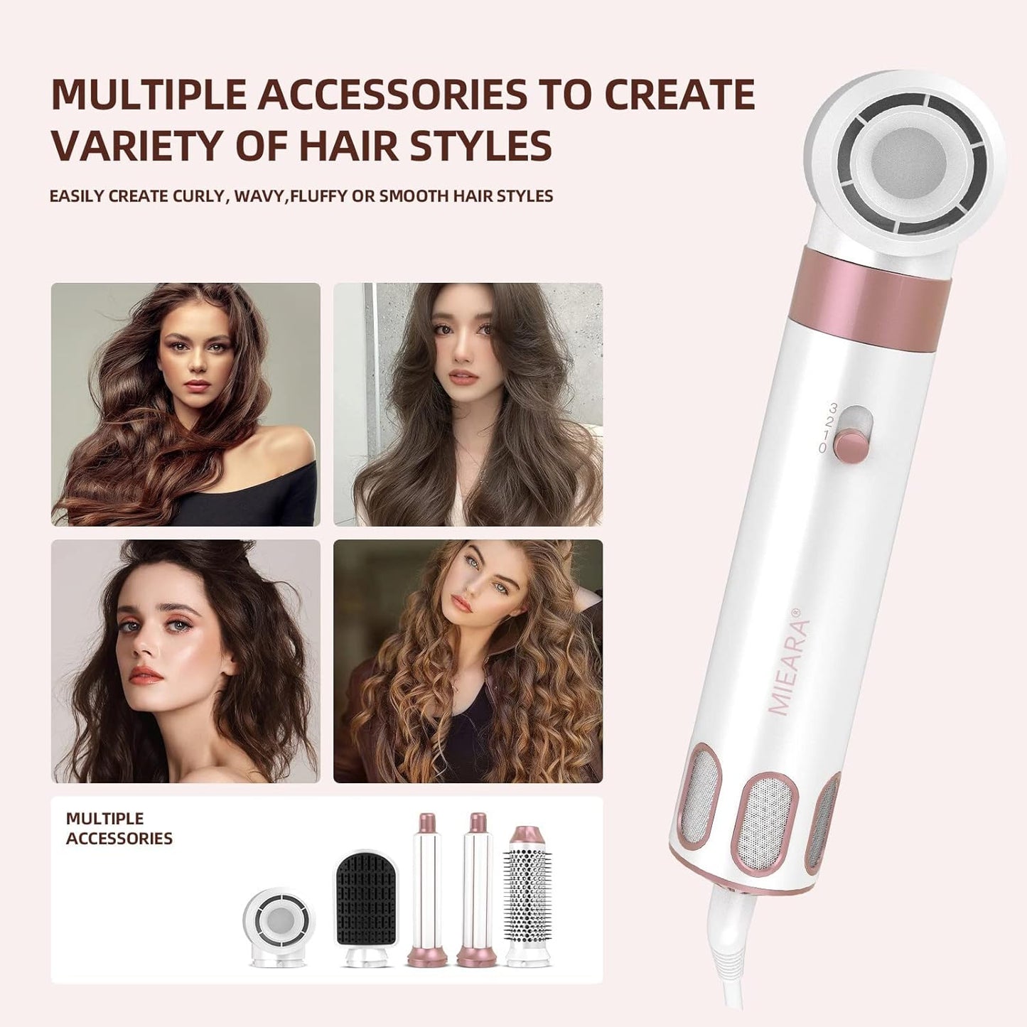 MIEARA 5-in-1 Ionic Hair Dryer Brush with Hot Air Curlers, Pink & White, DEMO