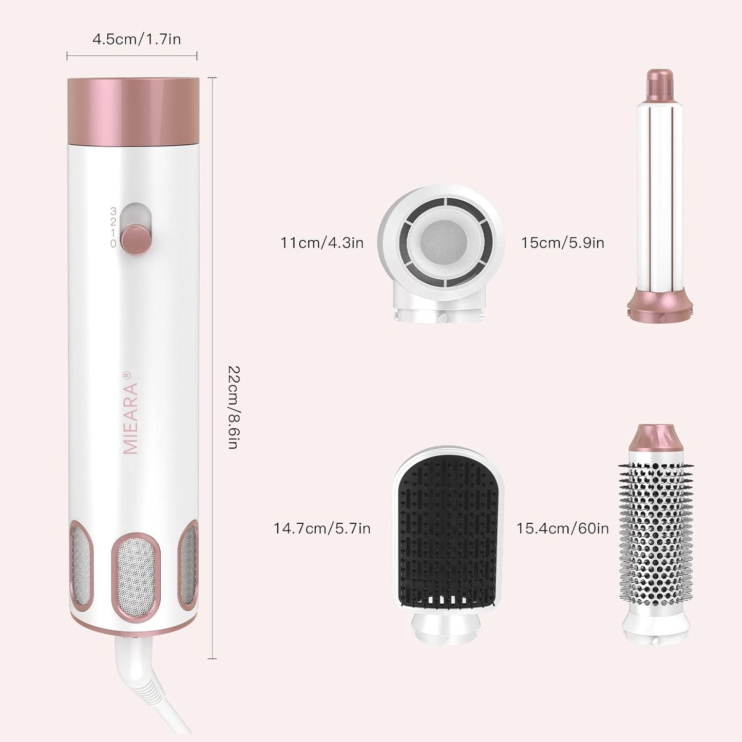 MIEARA 5-in-1 Ionic Hair Dryer Brush with Hot Air Curlers, Pink & White, DEMO