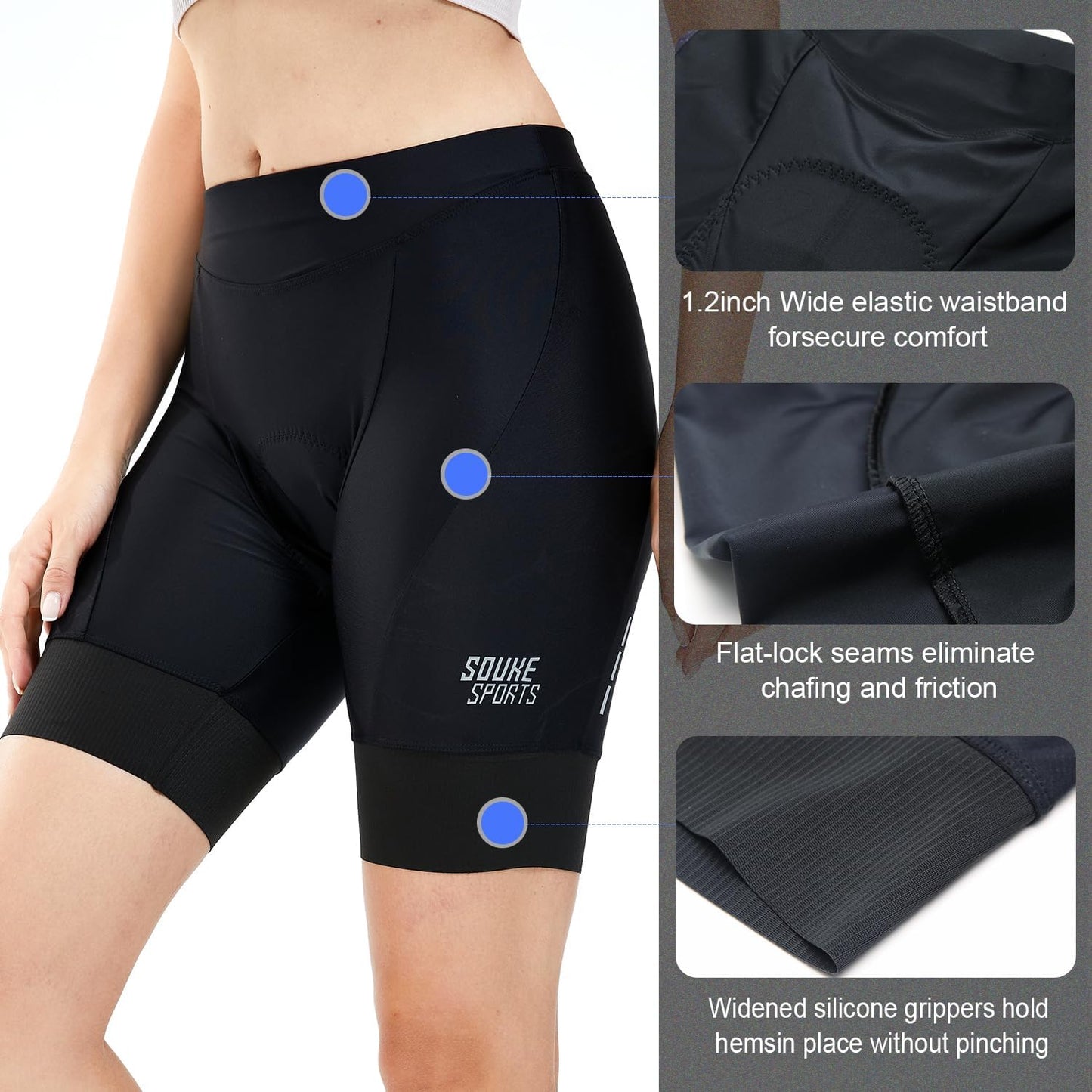 SOUKE Women's Padded Cycling Shorts for Biking, Bicycle Riding, Black, Large NEW