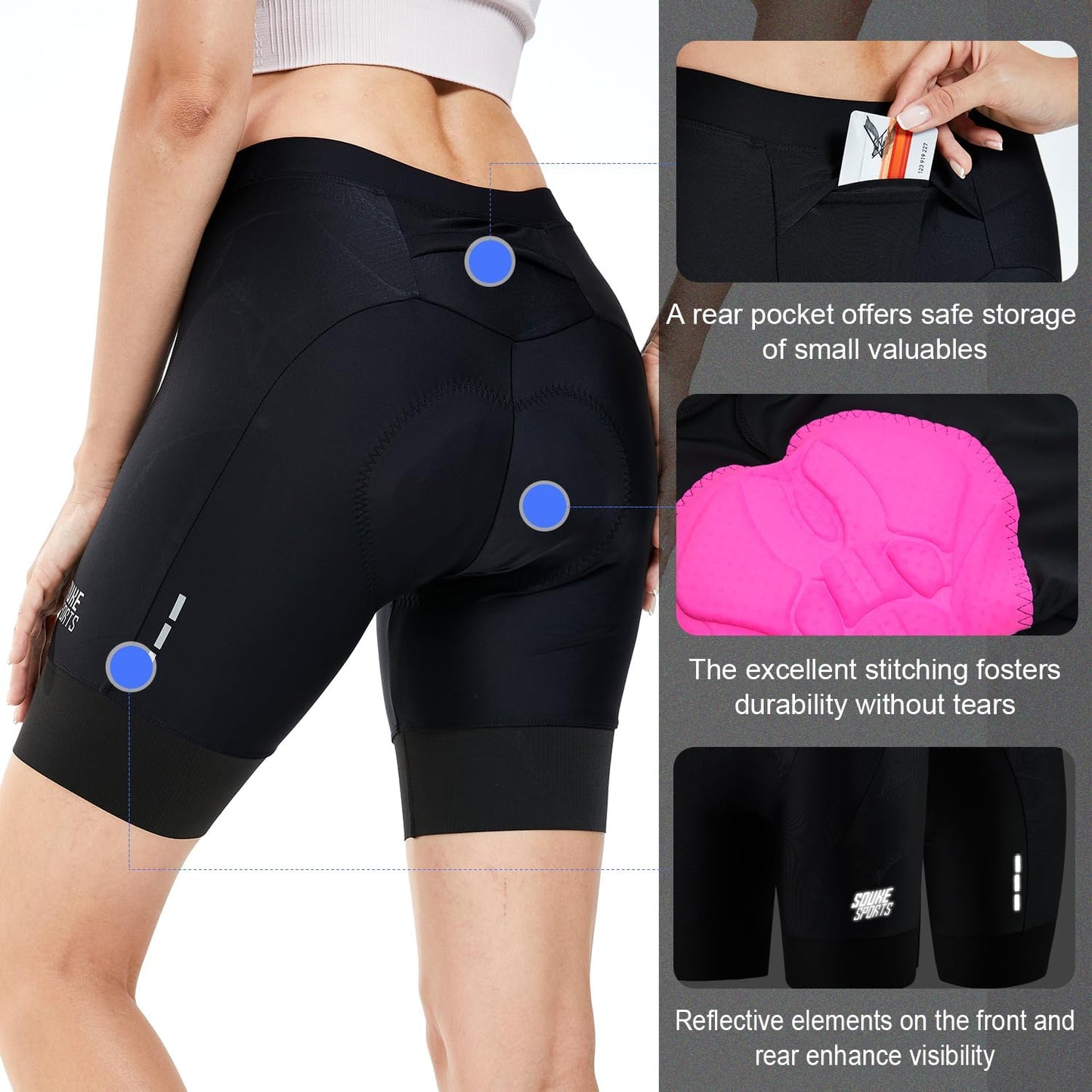 SOUKE Women's Padded Cycling Shorts for Biking, Bicycle Riding, Black, Large NEW