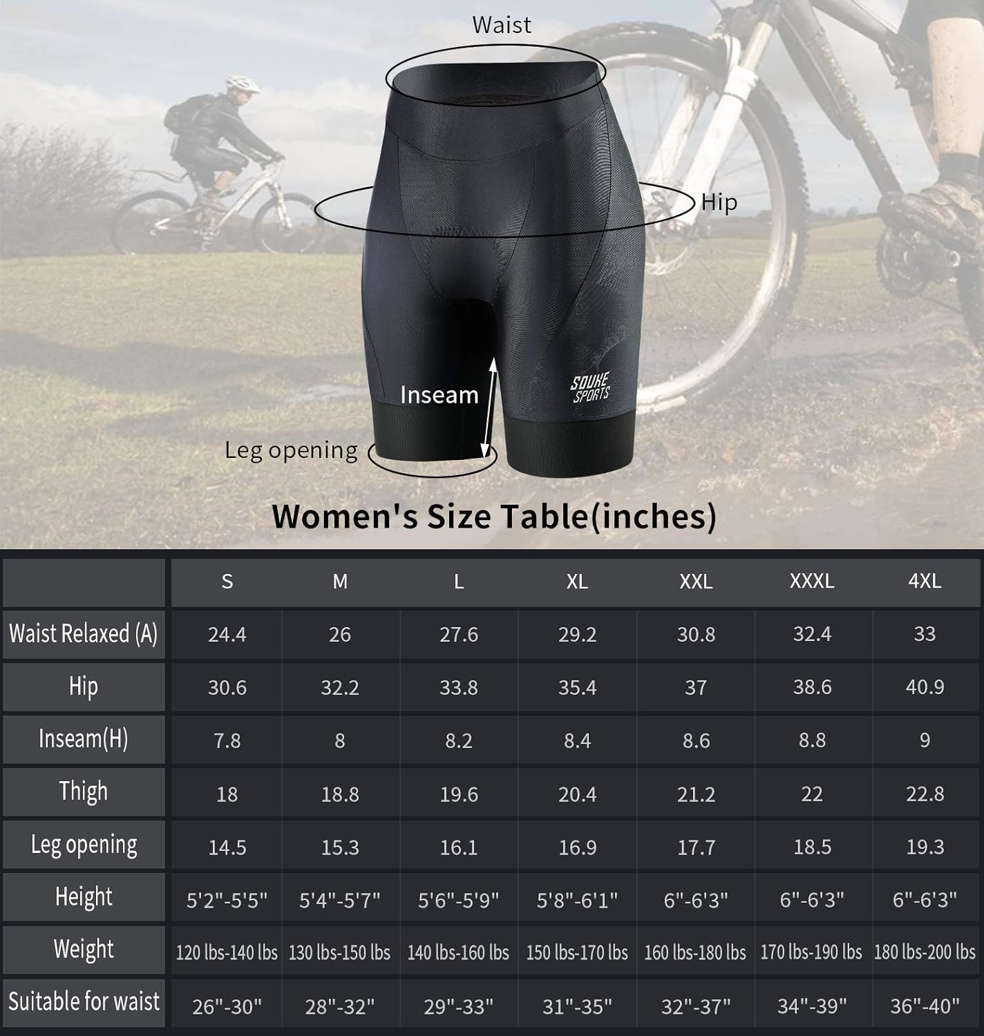 SOUKE Women's Padded Cycling Shorts for Biking, Bicycle Riding, Black, Large NEW