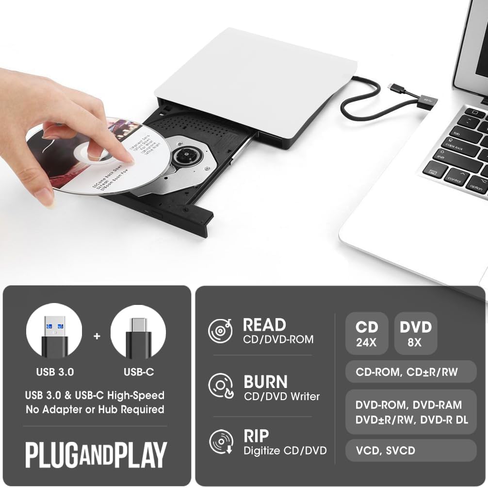 ROOFULL External DVD Players USB 3.0 & USB-C Portable CD/DVD Drive for DEMO