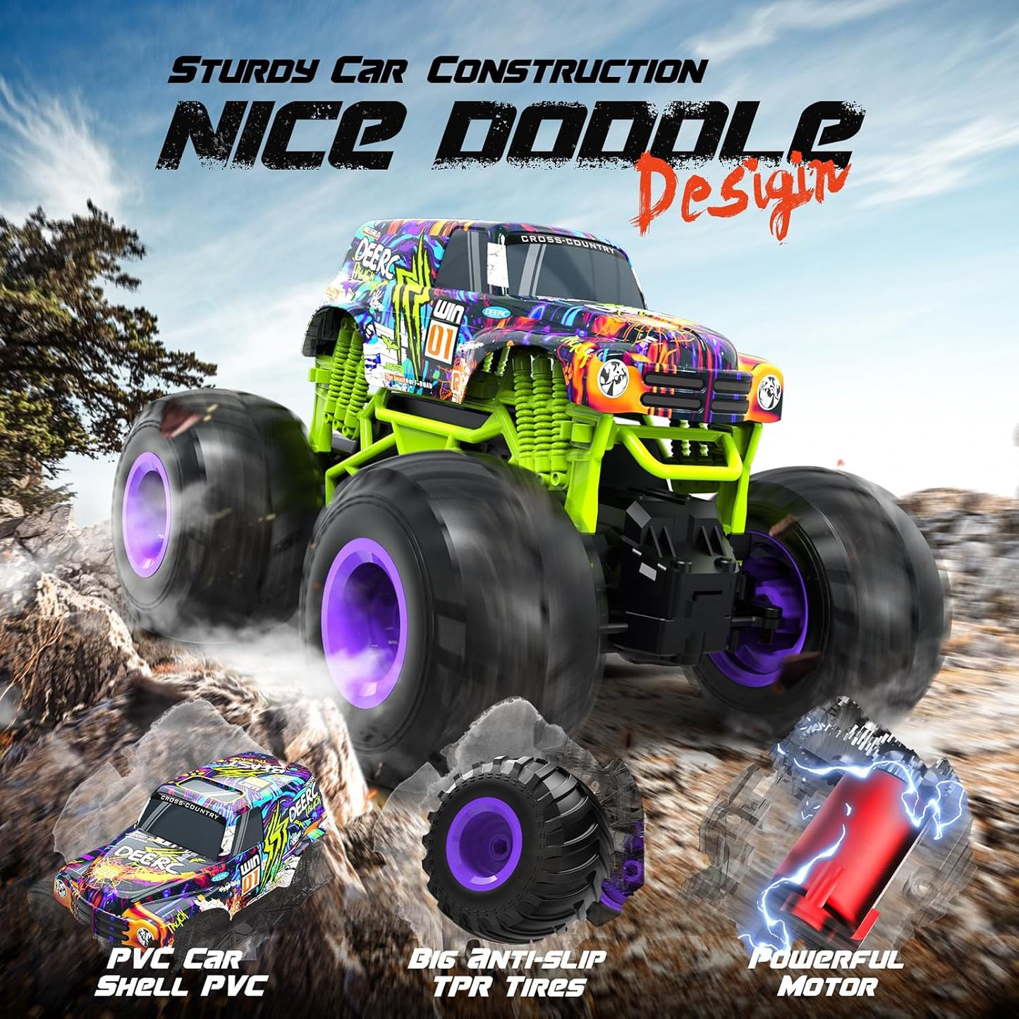 DEERC 1:16 Trucks Scale RC Monster Truck Toy All Terrain Remote Control DEMO