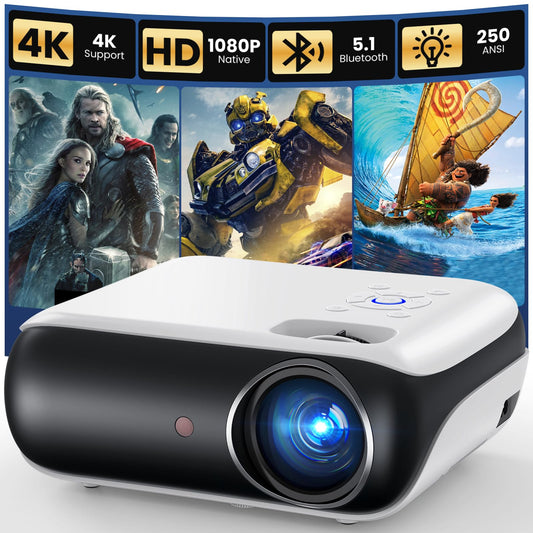 HAPPRUN 1080P Projectors Portable Outdoor Movie Projector with Bluetooth, White