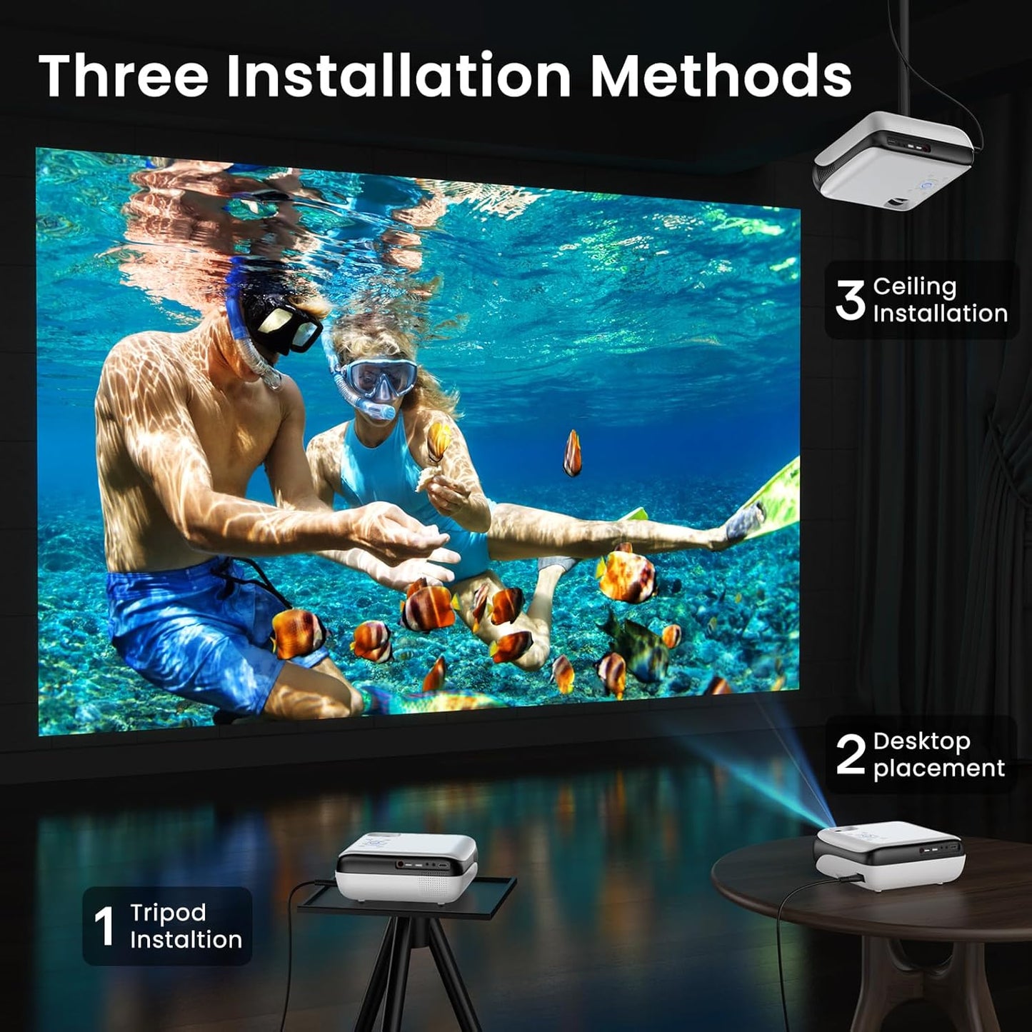 HAPPRUN 1080P Projectors Portable Outdoor Movie Projector with Bluetooth, White