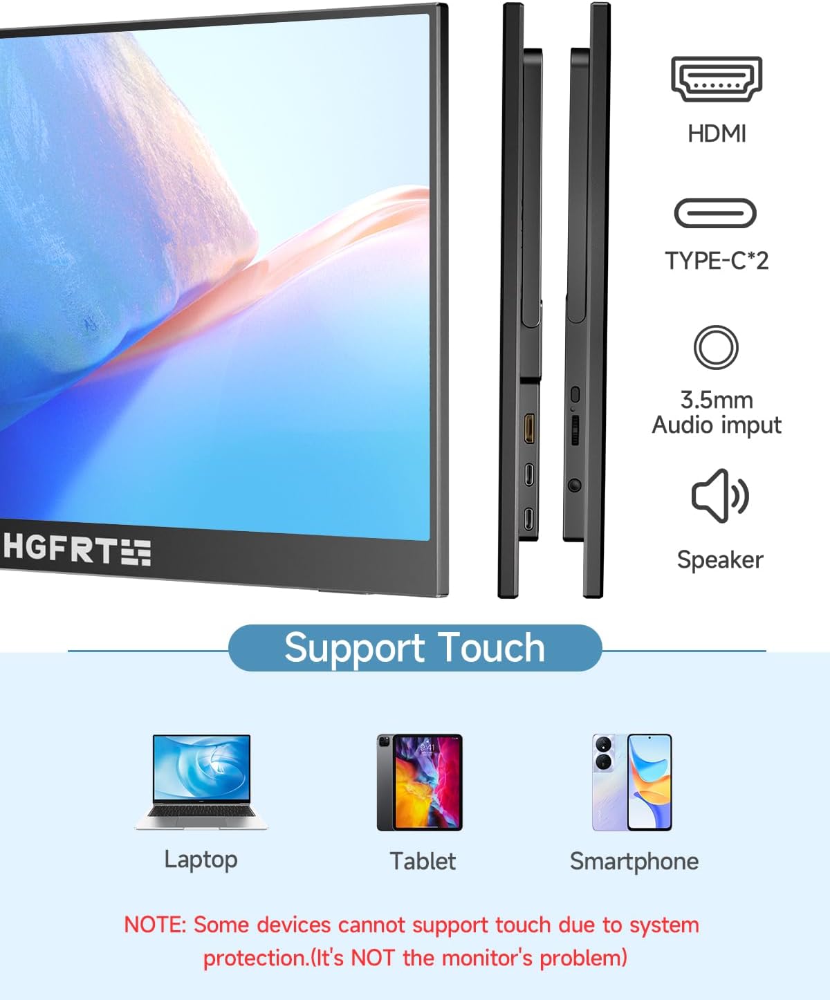 HGFRTEE 15.6 Monitors Inch Portable Monitor Touchscreen 1920x1080P IPS HDR NEW