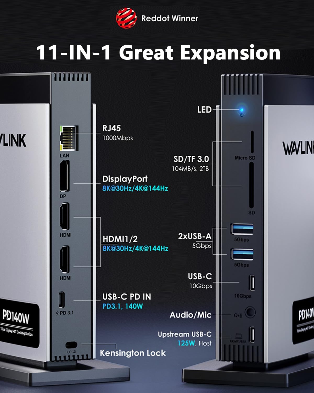 WAVLINK Laptop Docking Station with Triple 4K Monitor Support, Black DEMO