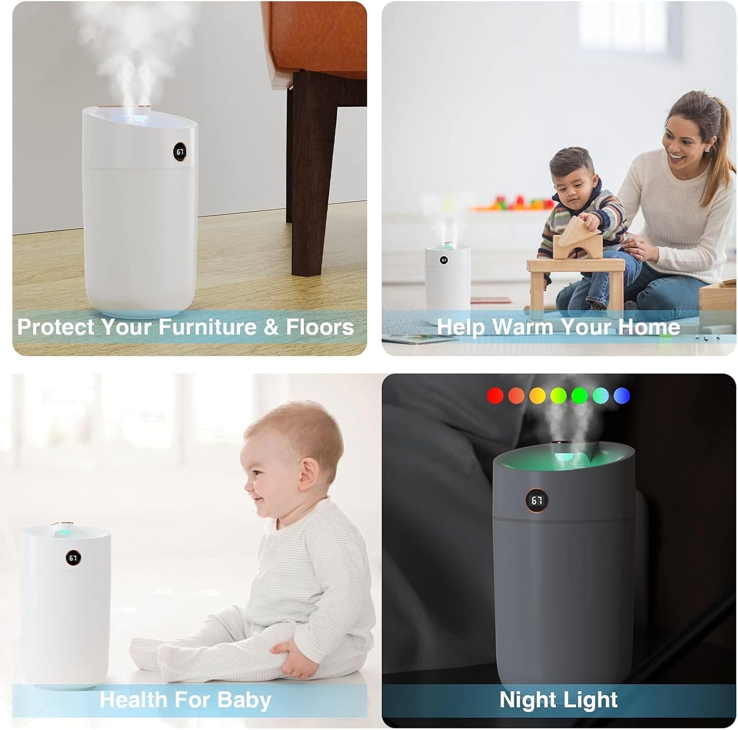 3L Cool Mist Humidifier with Humidity Monitoring for Single Rooms in White DEMO