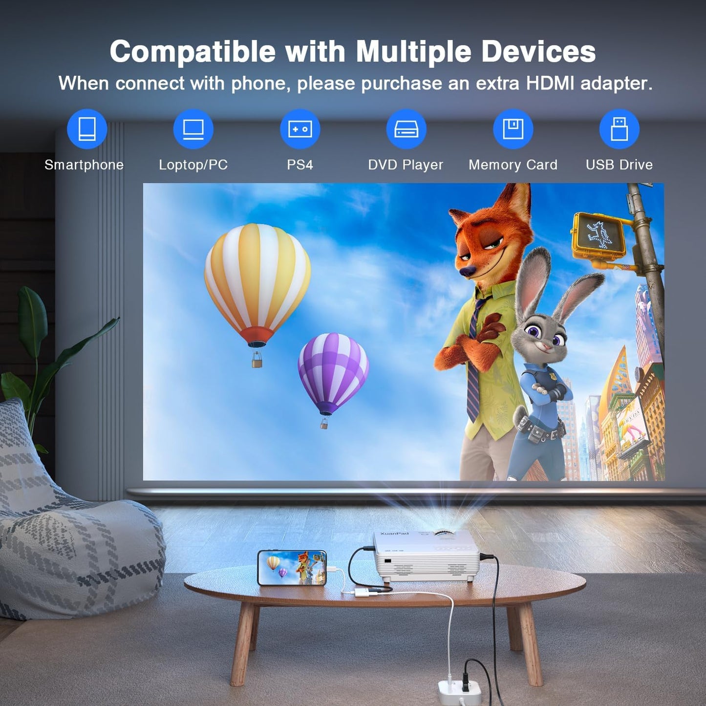 XuanPad 1080P Projectors HD Video Projector for Home Cinema Portable Compact