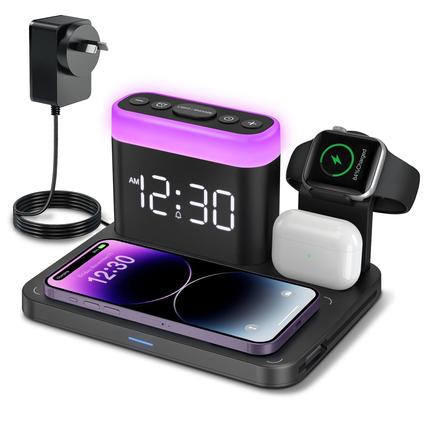 ANJANK 5-in-1 Wireless Charging Station with Alarm Clock - Black Dock DEMO