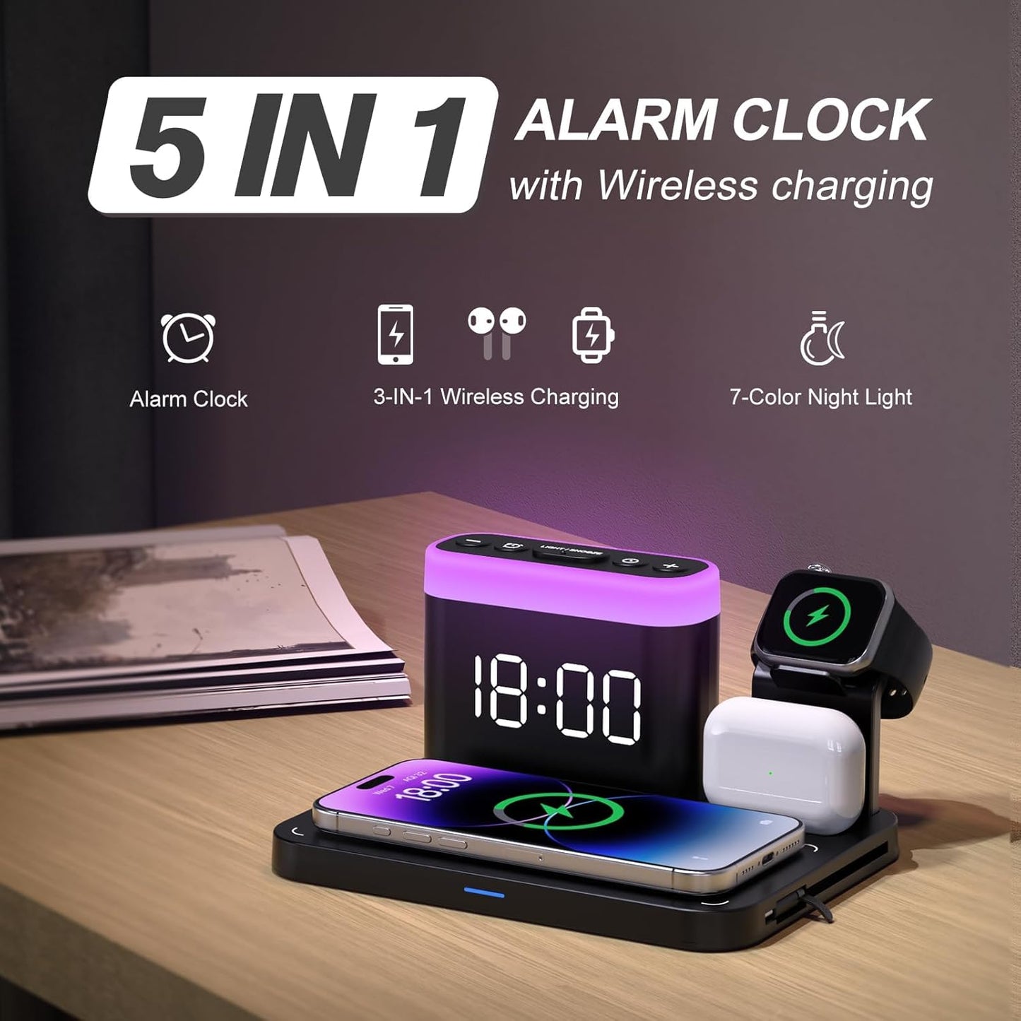 ANJANK 5-in-1 Wireless Charging Station with Alarm Clock - Black Dock DEMO