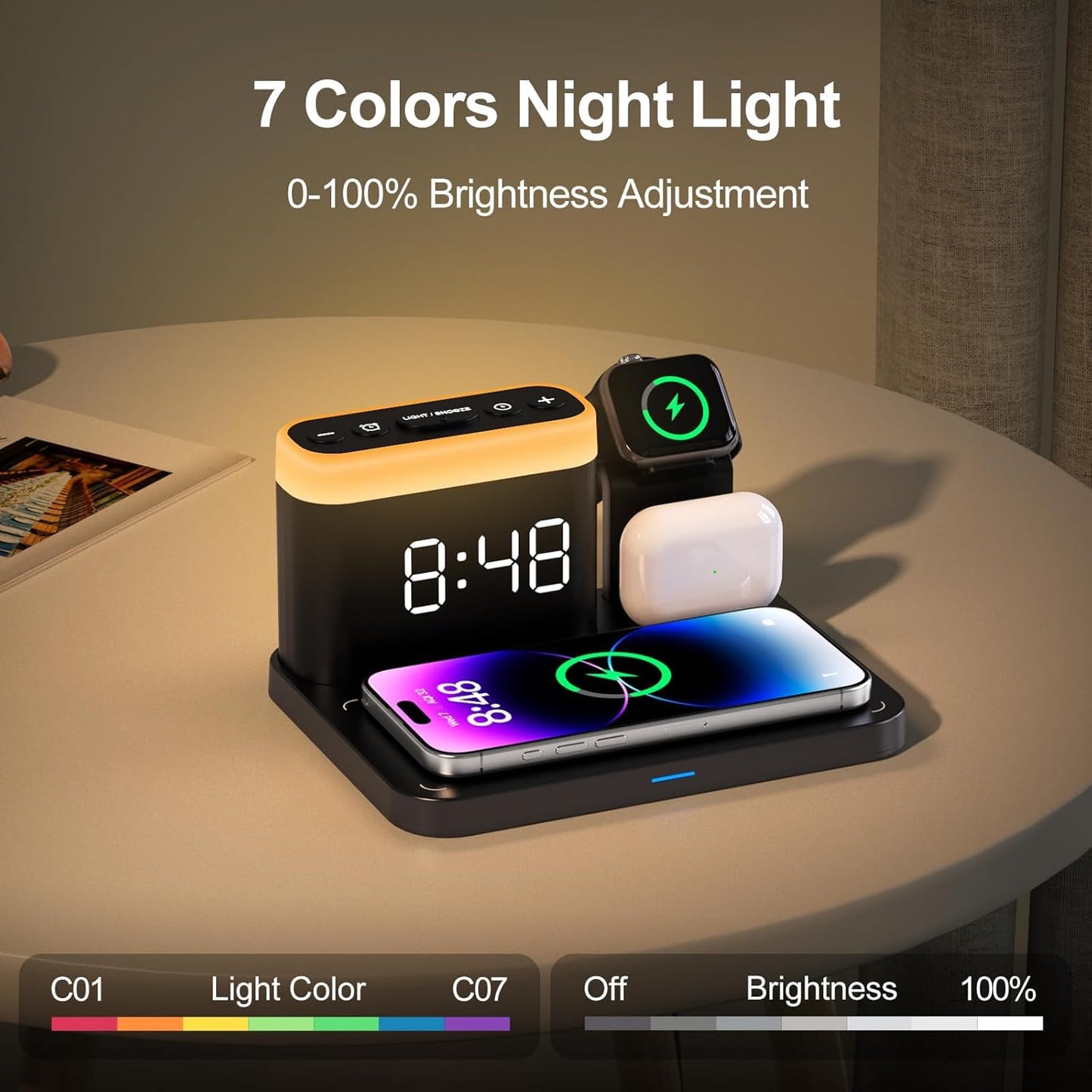 ANJANK 5-in-1 Wireless Charging Station with Alarm Clock - Black Dock DEMO