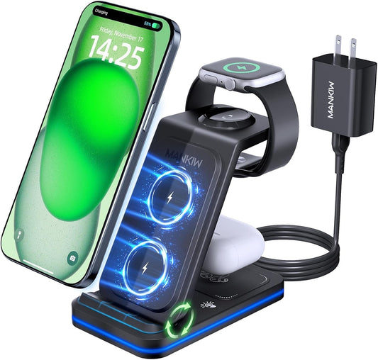 MANKIW 3-in-1 Wireless Charging Station for iPhone, Apple Watch & AirPods NEW