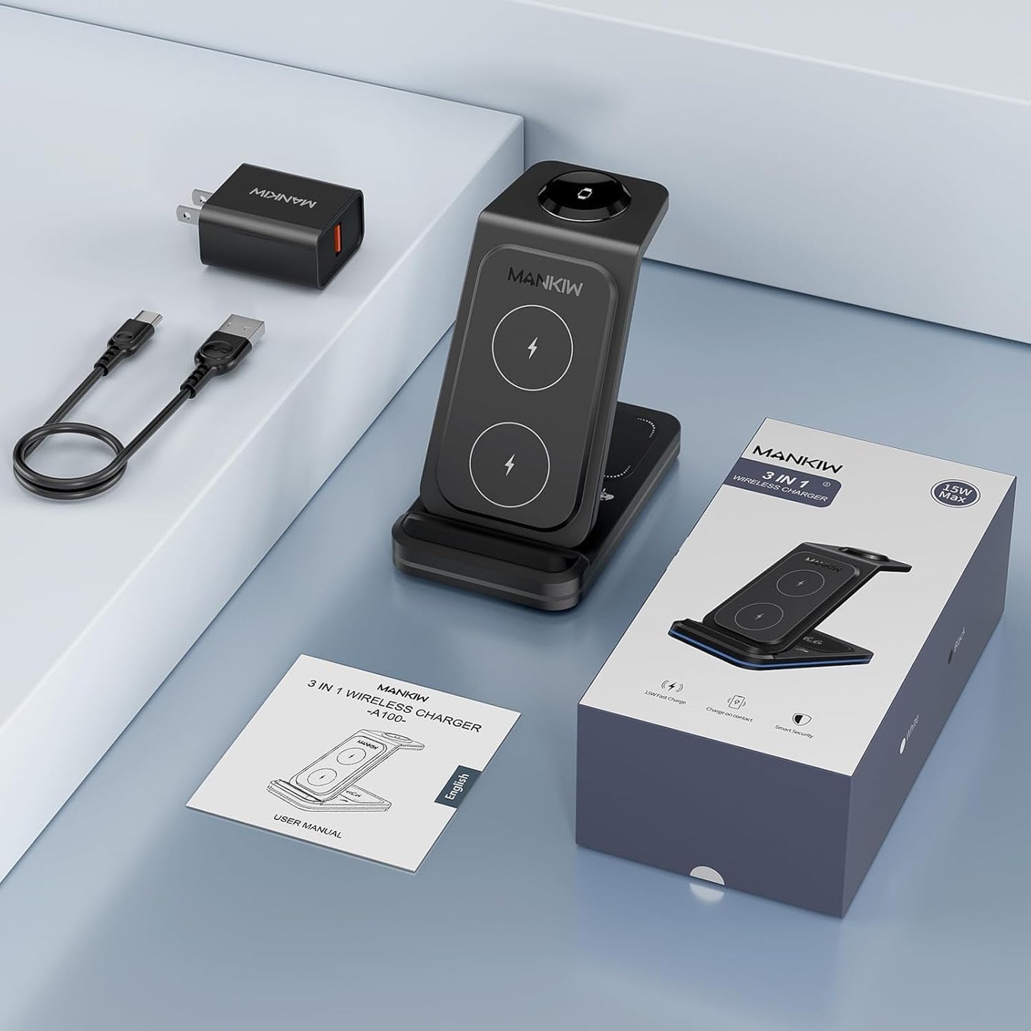 MANKIW 3-in-1 Wireless Charging Station for iPhone, Apple Watch & AirPods NEW