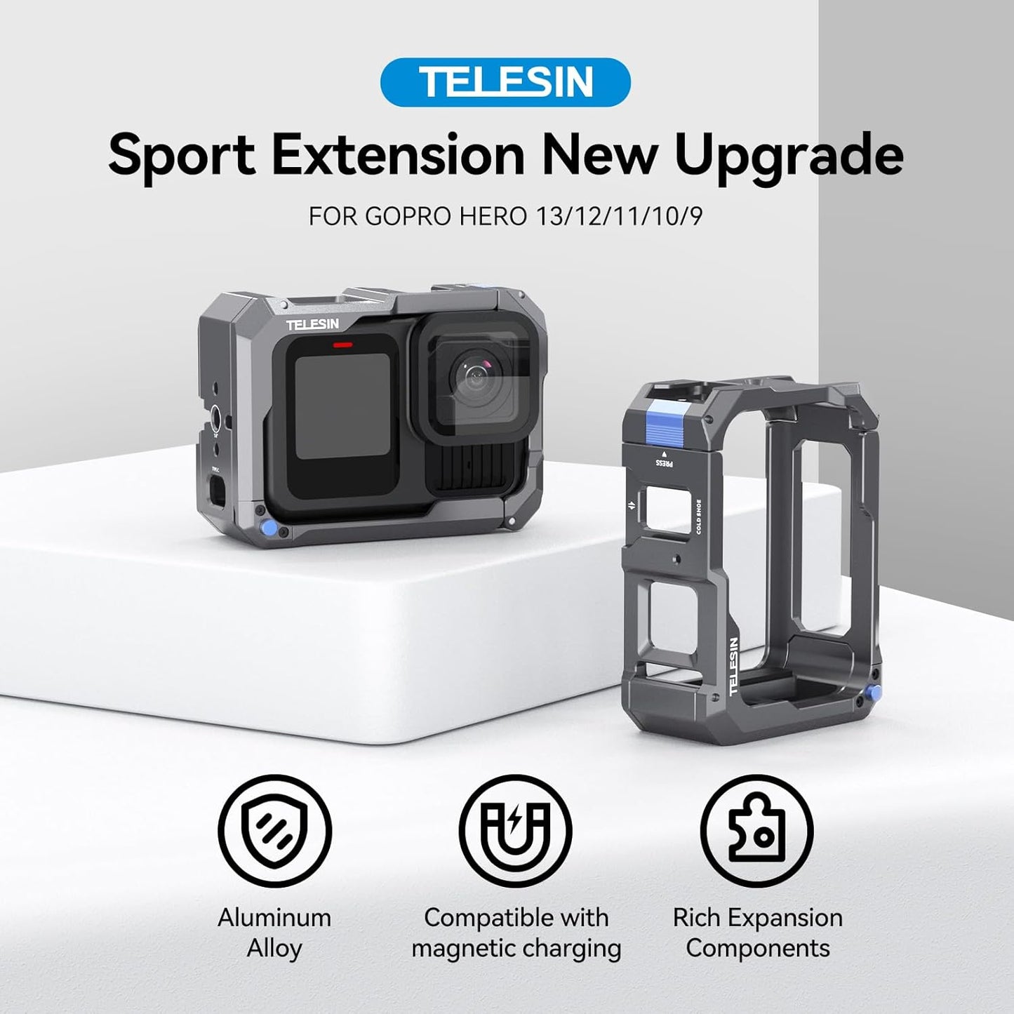TELESIN Aluminum Alloy Cage Frame Housing for GoPro Action Cameras Black NEW