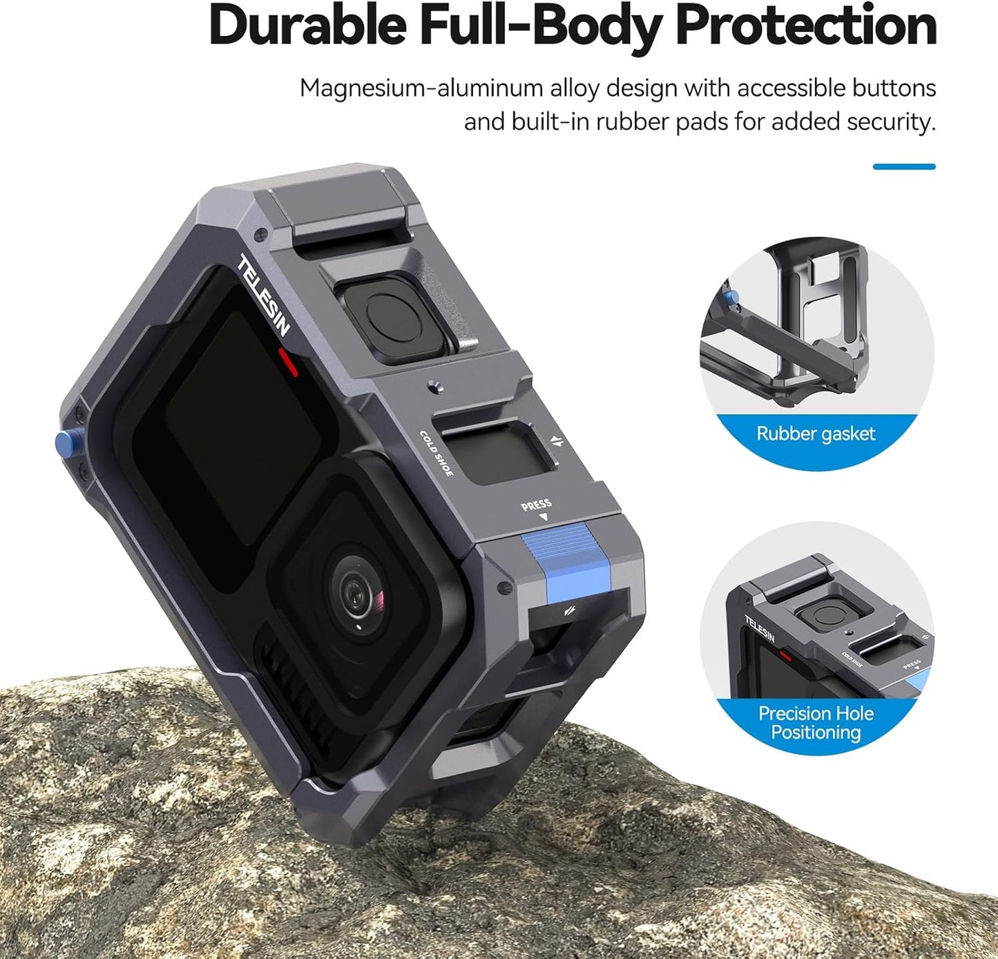 TELESIN Aluminum Alloy Cage Frame Housing for GoPro Action Cameras Black NEW