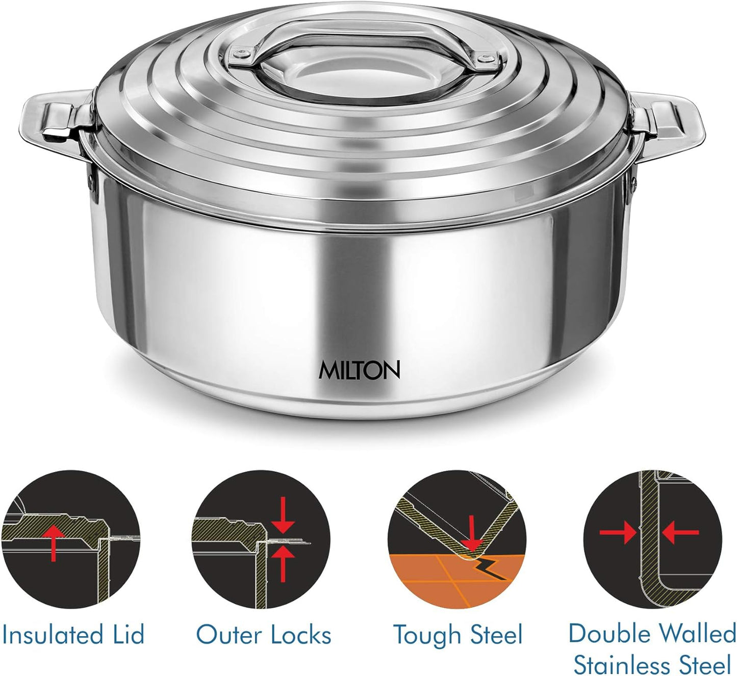 MILTON 2L Insulated Stainless Steel Hot Pot with Lid Serving Bowl Silver NEW