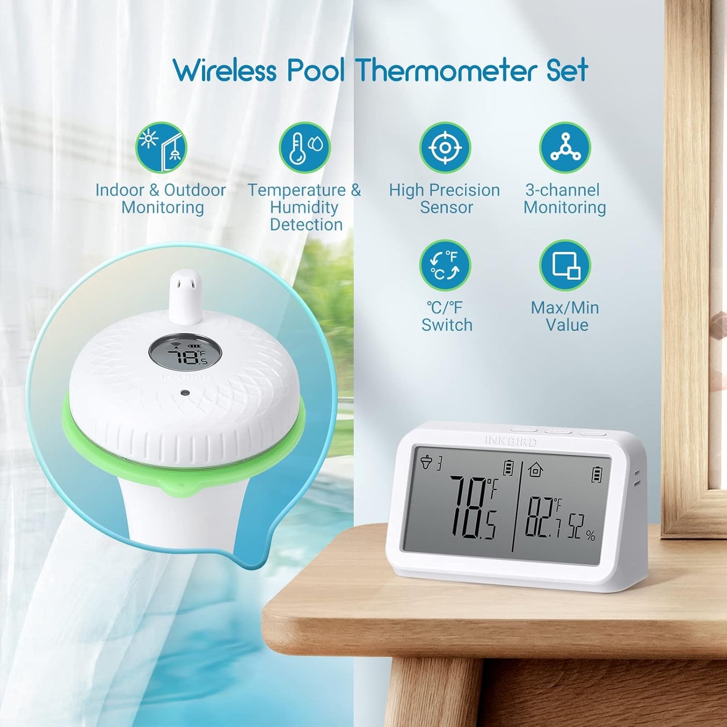 Inkbird Wireless Floating Pool Thermometer Indoor-Outdoor Temperature NEW