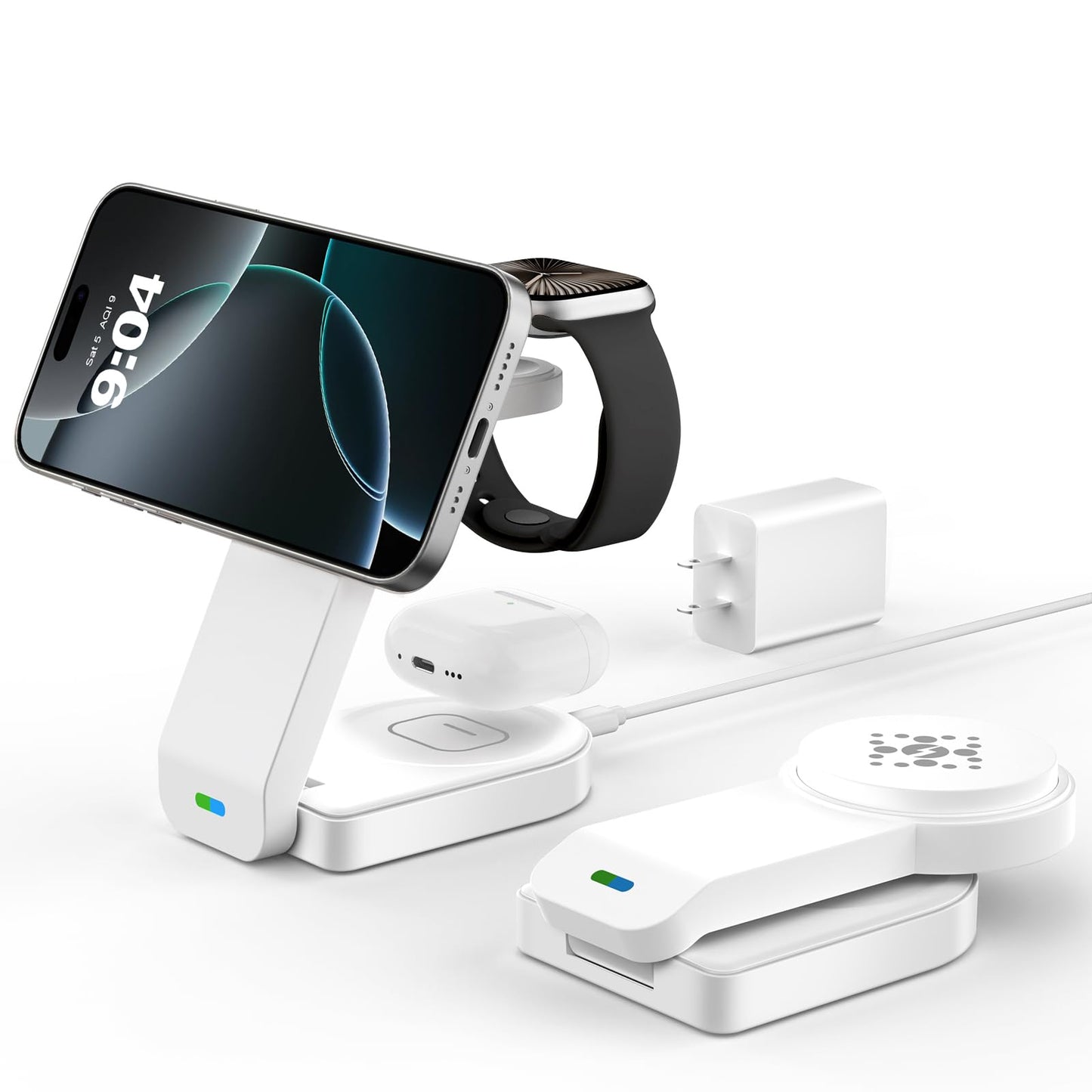 3-in-1 Wireless Charging Station with Foldable Magnetic Dock - White DEMO
