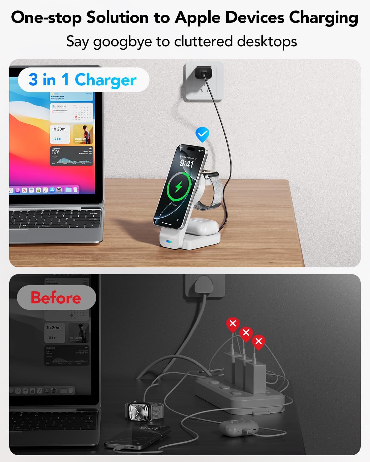 3-in-1 Wireless Charging Station with Foldable Magnetic Dock - White DEMO