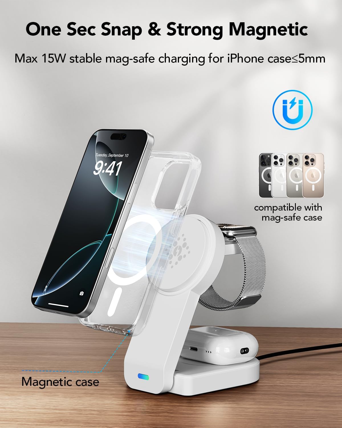 3-in-1 Wireless Charging Station with Foldable Magnetic Dock - White DEMO