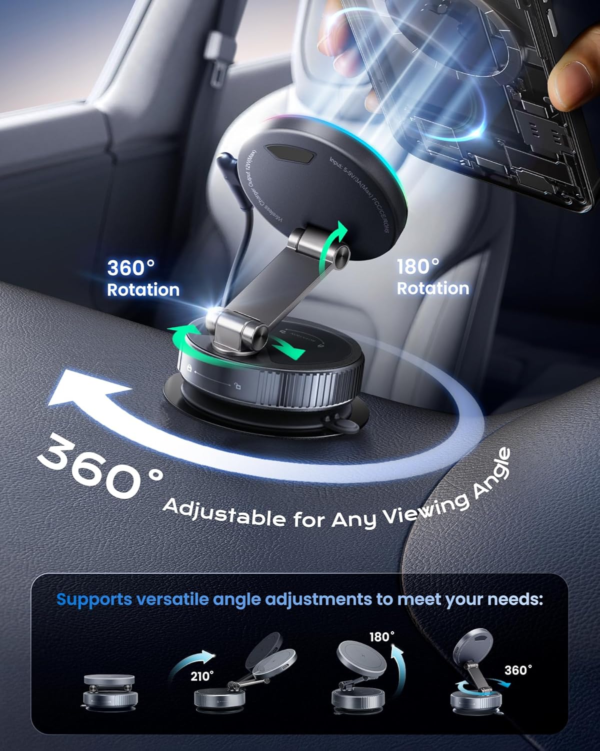Magnetic Wireless Car Charger 360° Adjustable Vacuum Holder for Smartphones DEMO