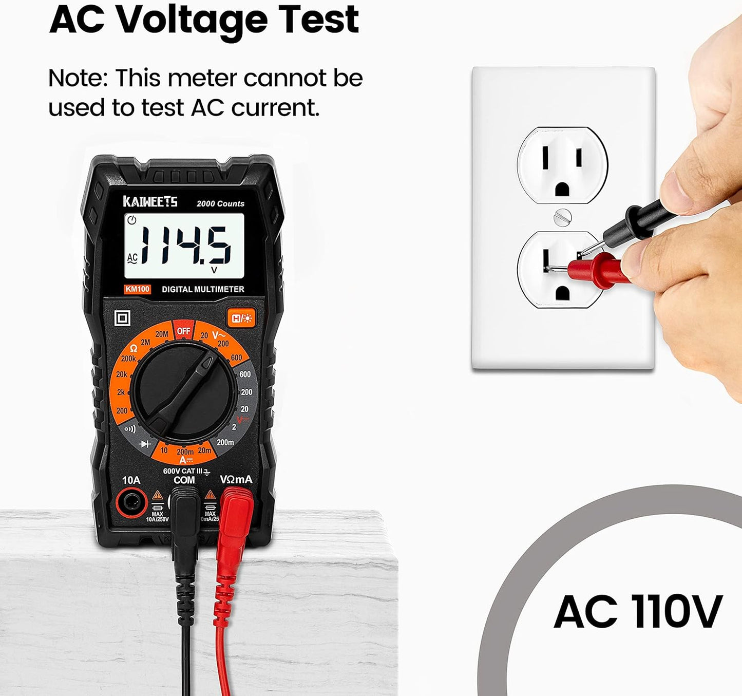 KAIWEETS Digital Multi Testers Multimeter 2000 Counts AC/DC Voltmeter Black NEW
