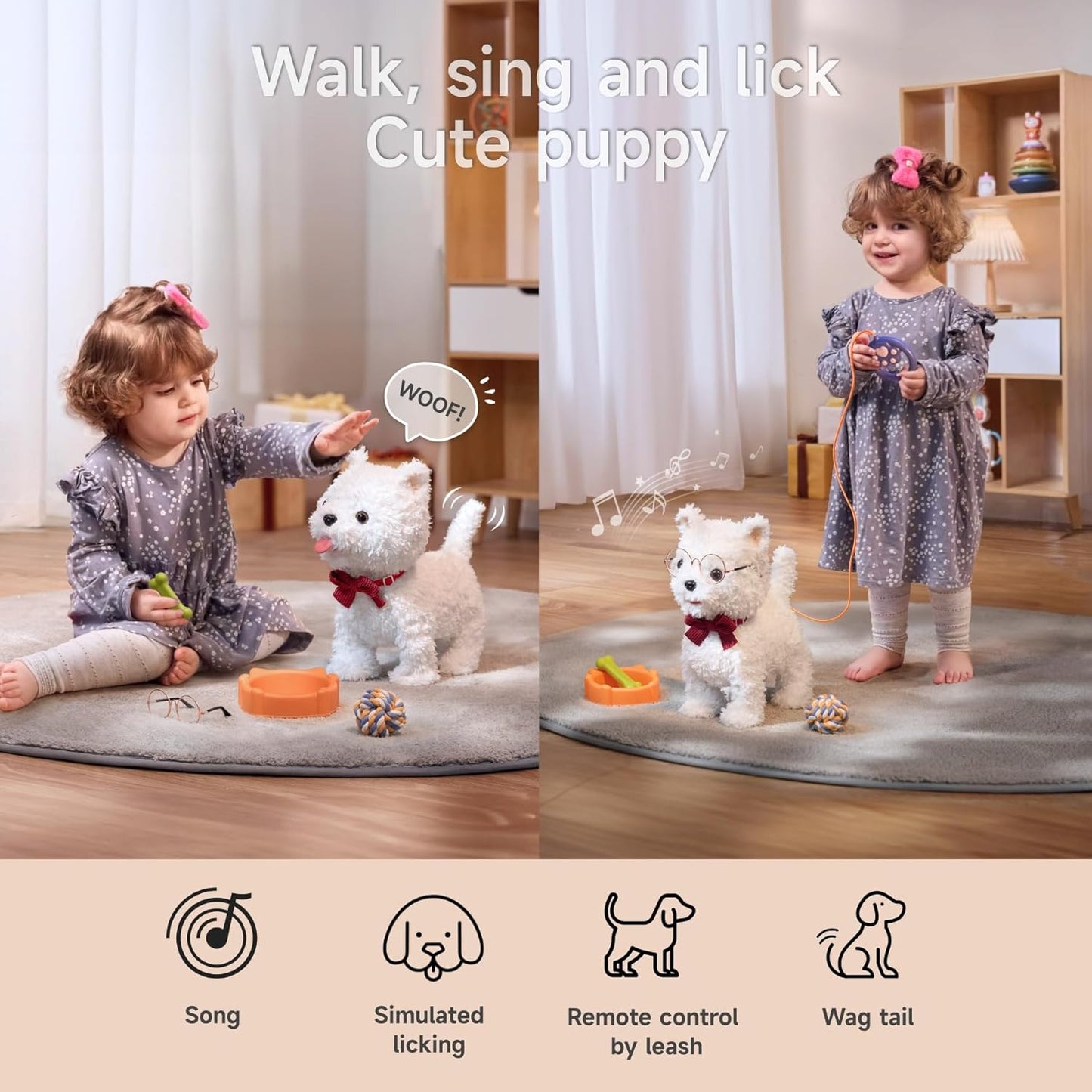 TUMAMA 9" Plush Interactive Puppy Voice Control Toy Figure for Kids, White NEW