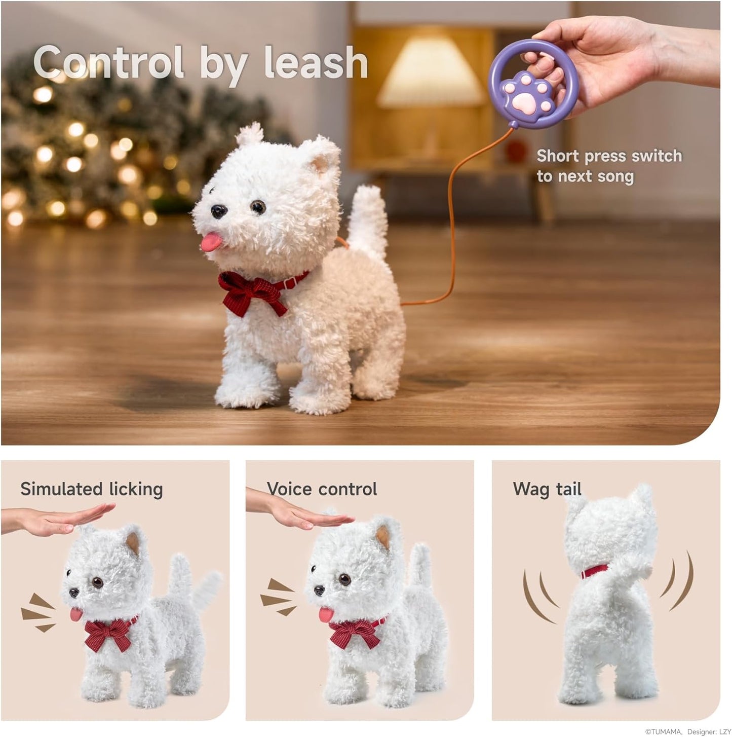 TUMAMA 9" Plush Interactive Puppy Voice Control Toy Figure for Kids, White NEW