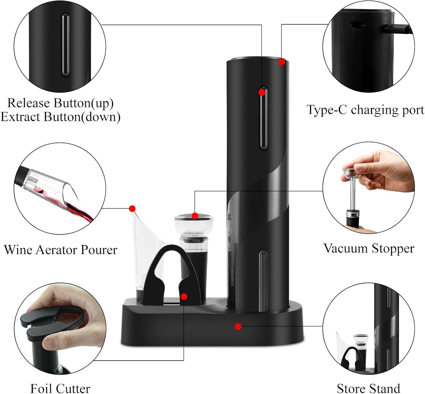 Rechargeable Electric Wine Bottle Opener Set with Stand, Black NEW